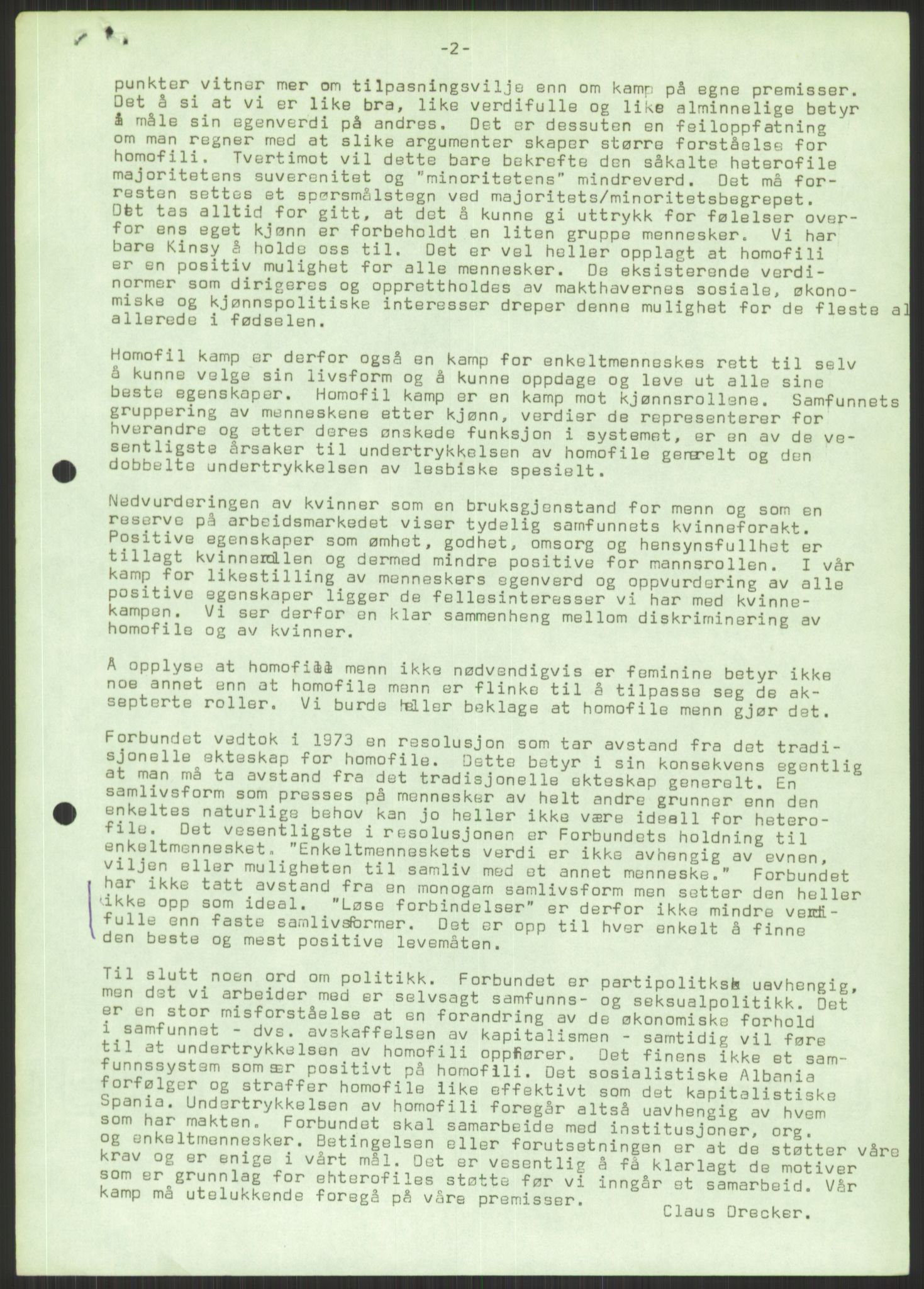 Det Norske Forbundet av 1948/Landsforeningen for Lesbisk og Homofil Frigjøring, AV/RA-PA-1216/D/Dd/L0001: Diskriminering, 1973-1991, s. 997