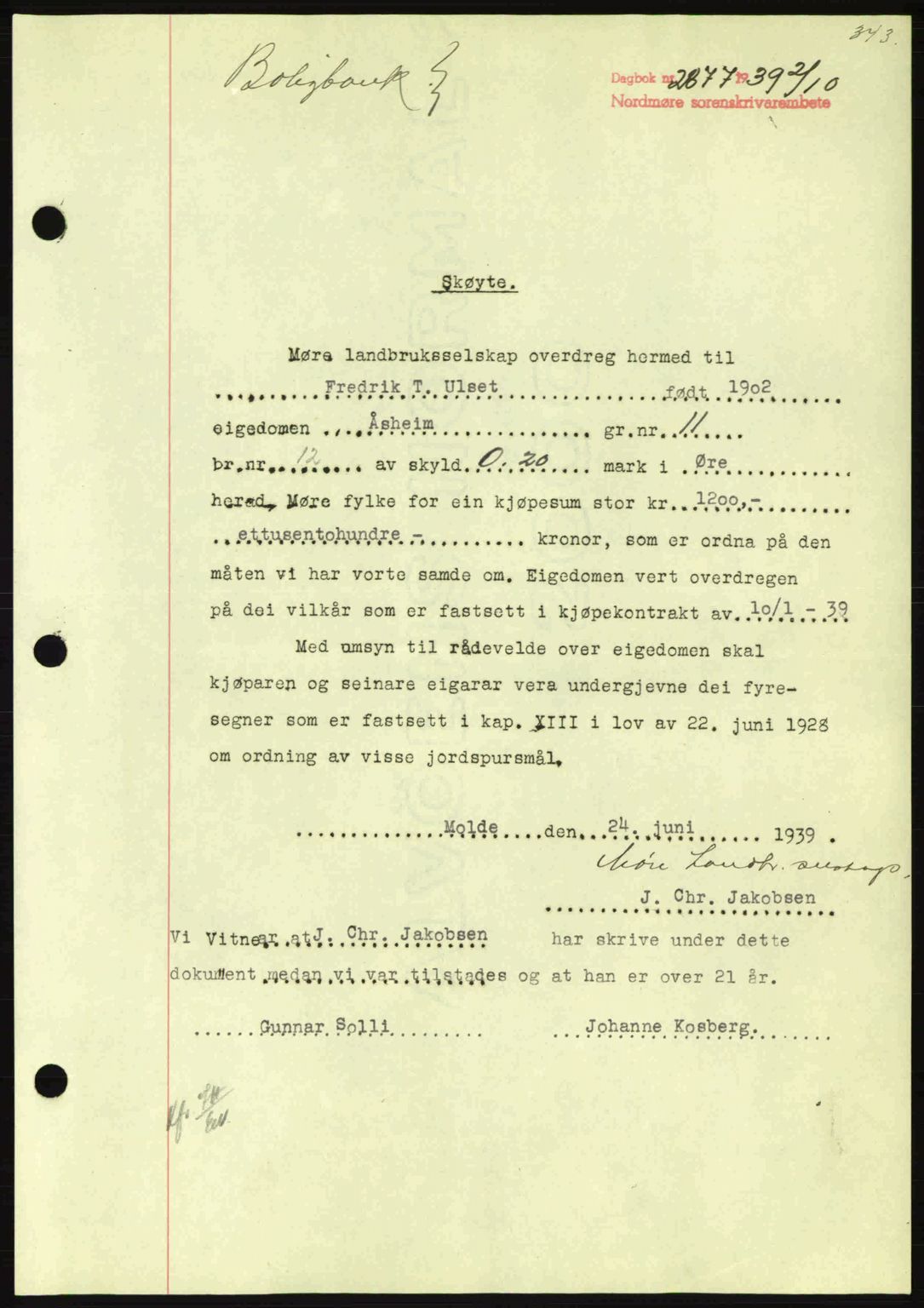Nordmøre sorenskriveri, SAT/A-4132/1/2/2Ca: Pantebok nr. A87, 1939-1940, Dagboknr: 2877/1939