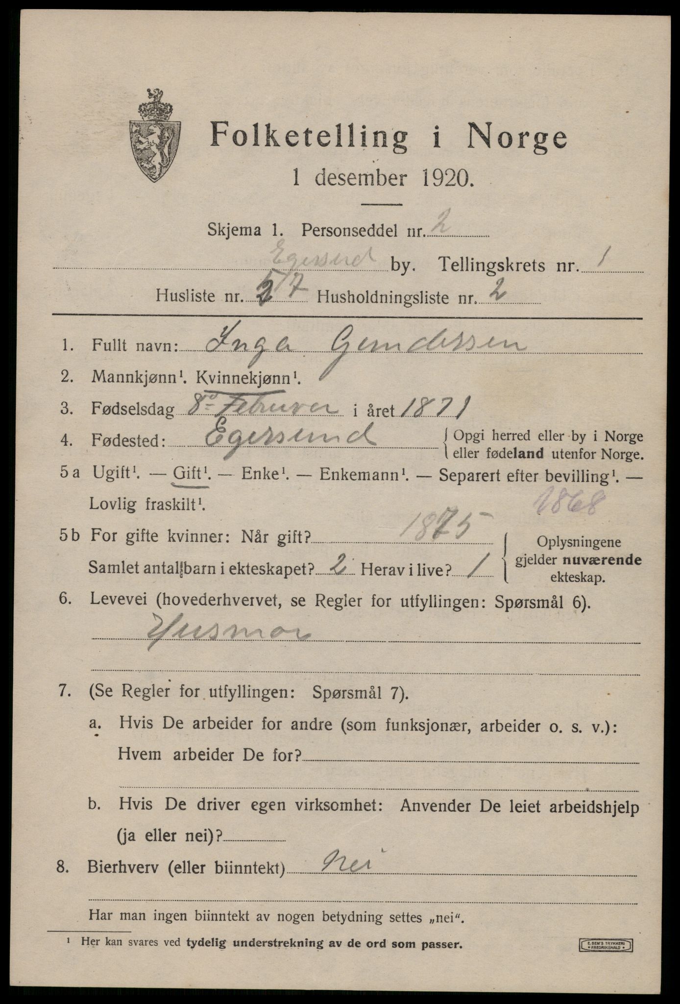 SAST, Folketelling 1920 for 1101 Egersund ladested, 1920, s. 3466