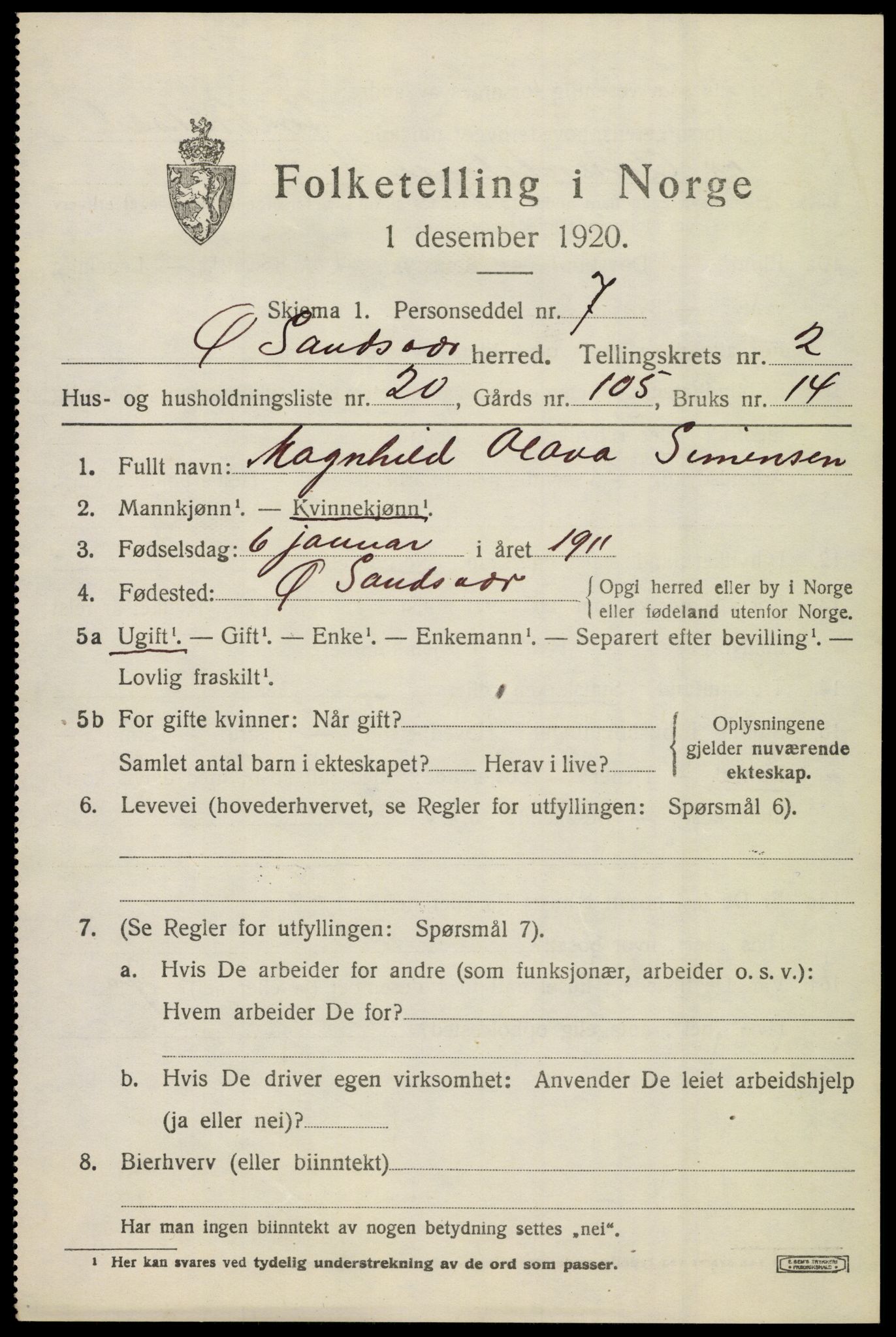 SAKO, Folketelling 1920 for 0630 Øvre Sandsvær herred, 1920, s. 1952