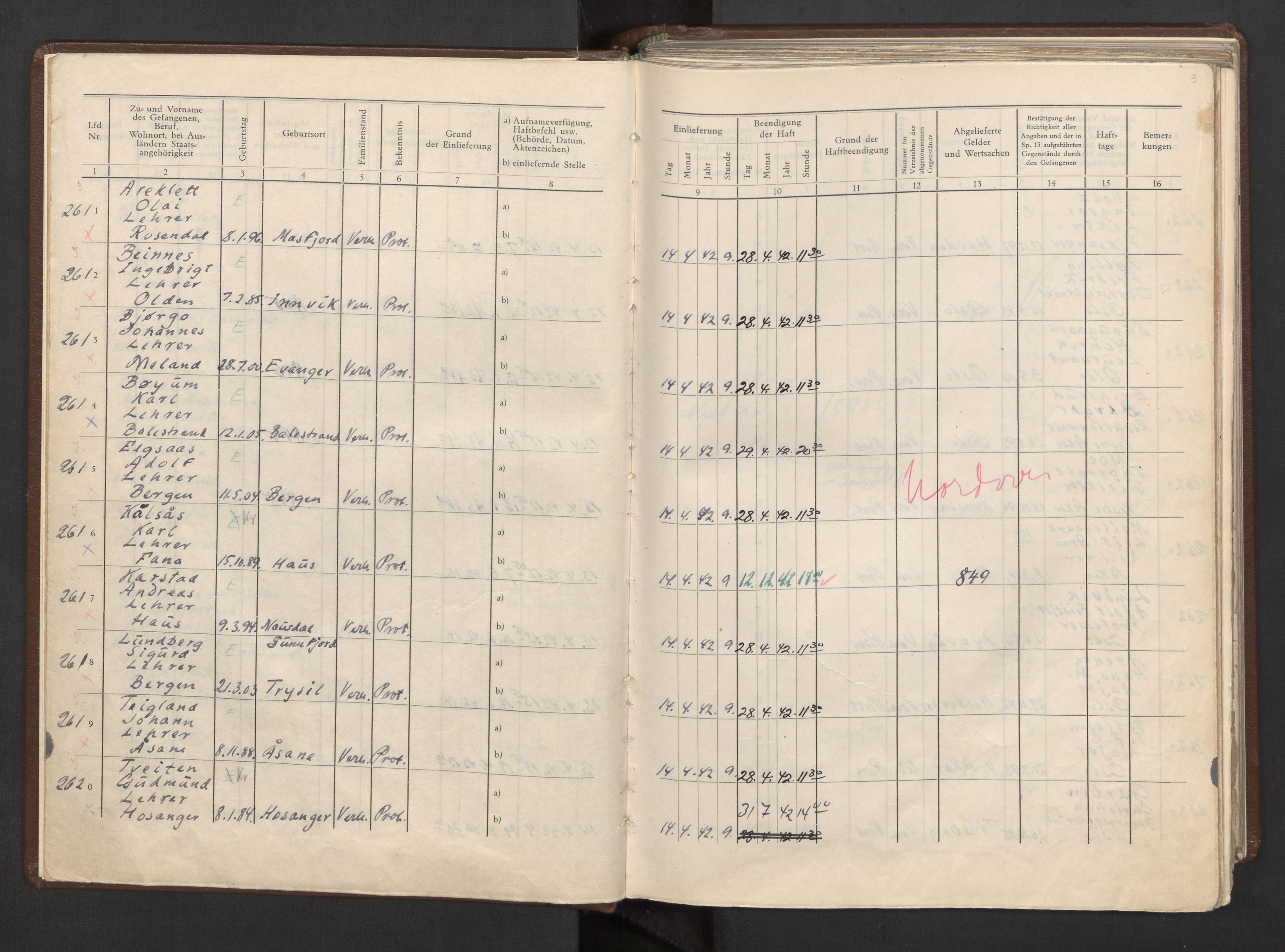 Befehlshaber der Sicherheitspolizei und des SD, AV/RA-RAFA-5969/F/Fa/Faa/L0003: Fangeprotokoll. - Gefangenen-Buch B. Fangenr. 2601-5500, 1942