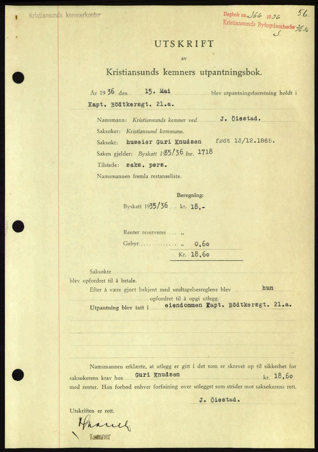 Kristiansund byfogd, SAT/A-4587/A/27: Pantebok nr. 29, 1936-1937, Dagboknr: 366/1936