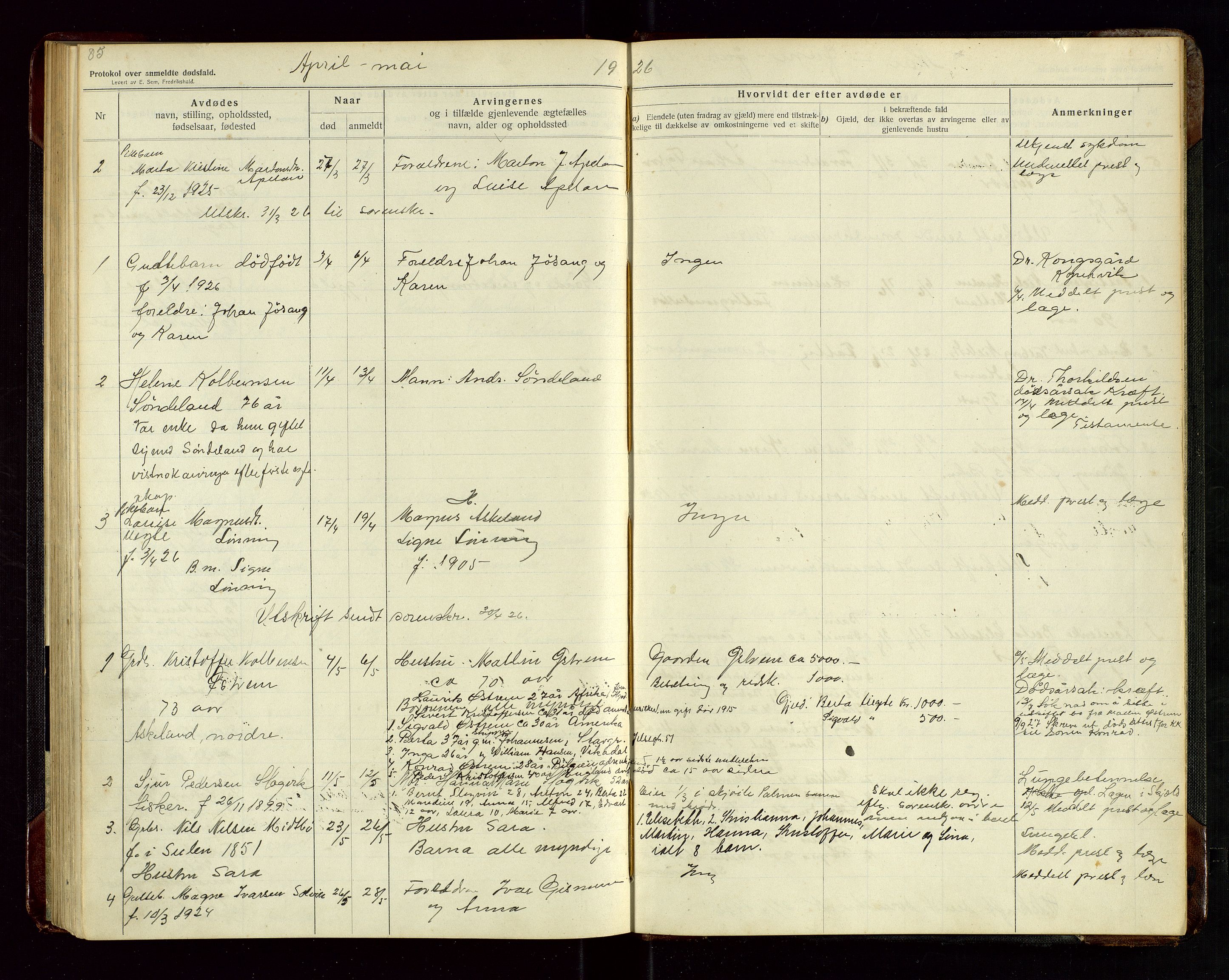 Tysvær lensmannskontor, AV/SAST-A-100192/Gga/L0003: "Protokol over anmeldte dødsfald i Tysvær" med register, 1916-1926, s. 85