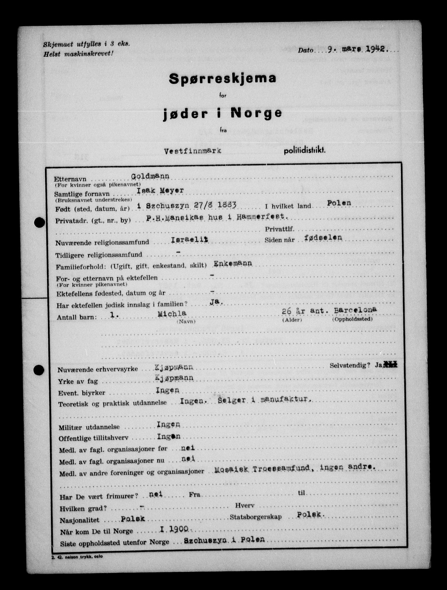 Statspolitiet - Hovedkontoret / Osloavdelingen, AV/RA-S-1329/G/Ga/L0013: Spørreskjema for jøder i Norge. 1: Sandefjord-Trondheim. 2: Tønsberg- Ålesund.  3: Skriv vedr. jøder A-H.  , 1942-1943, s. 686