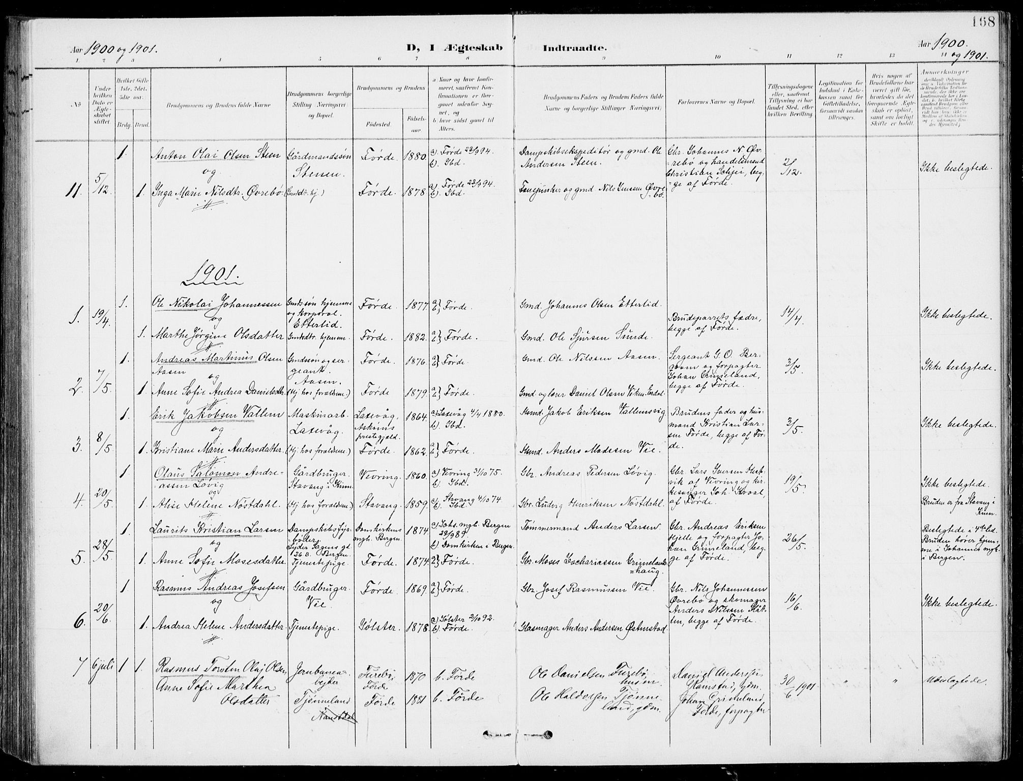 Førde sokneprestembete, AV/SAB-A-79901/H/Haa/Haab/L0002: Ministerialbok nr. B  2, 1899-1920, s. 168