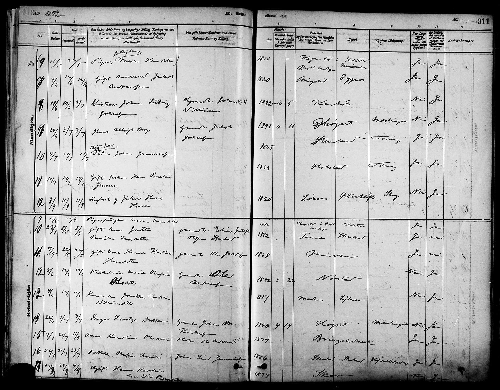 Ministerialprotokoller, klokkerbøker og fødselsregistre - Nordland, SAT/A-1459/852/L0740: Ministerialbok nr. 852A10, 1878-1894, s. 311