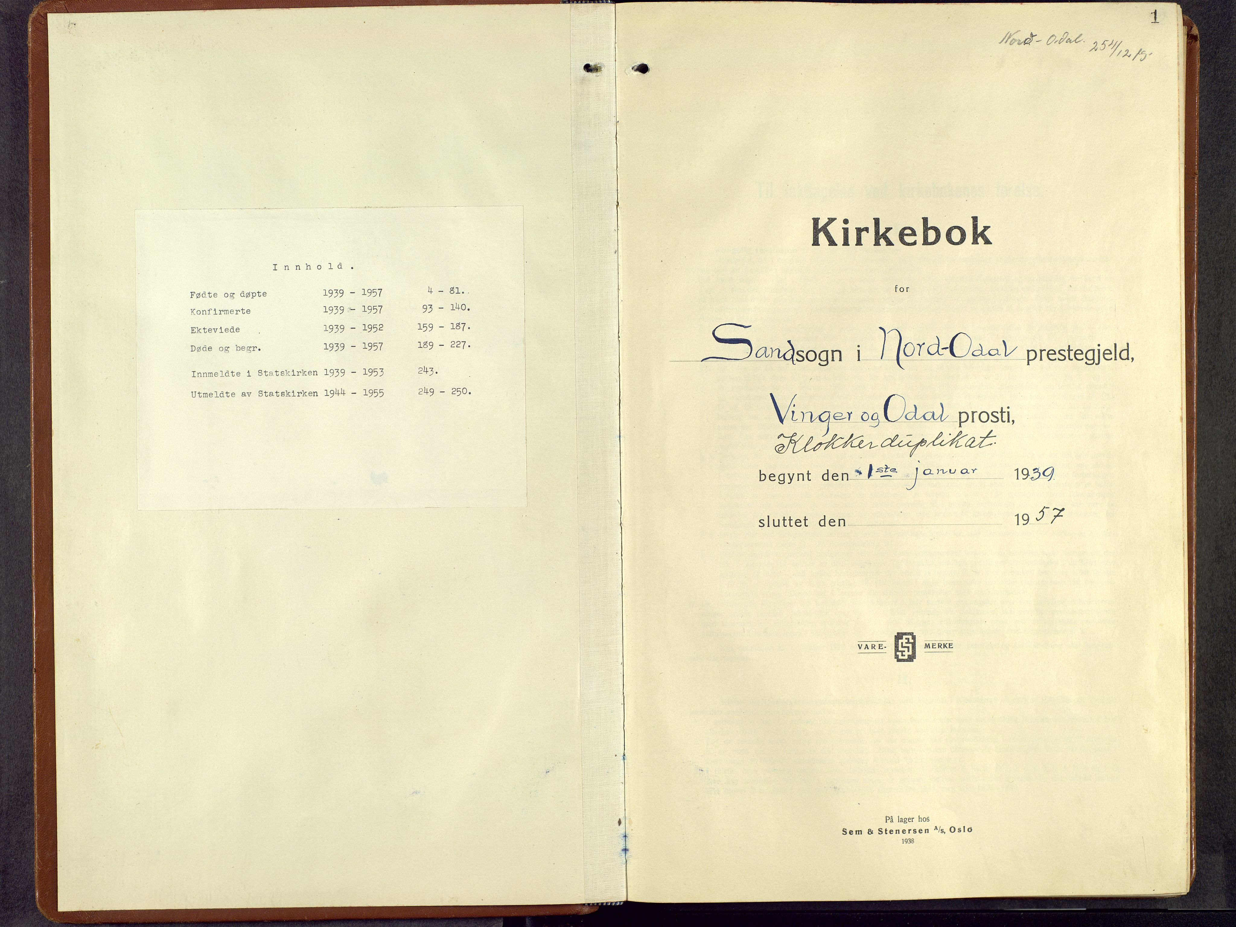 Nord-Odal prestekontor, AV/SAH-PREST-032/H/Ha/Hab/L0007: Klokkerbok nr. 7, 1939-1957, s. 1