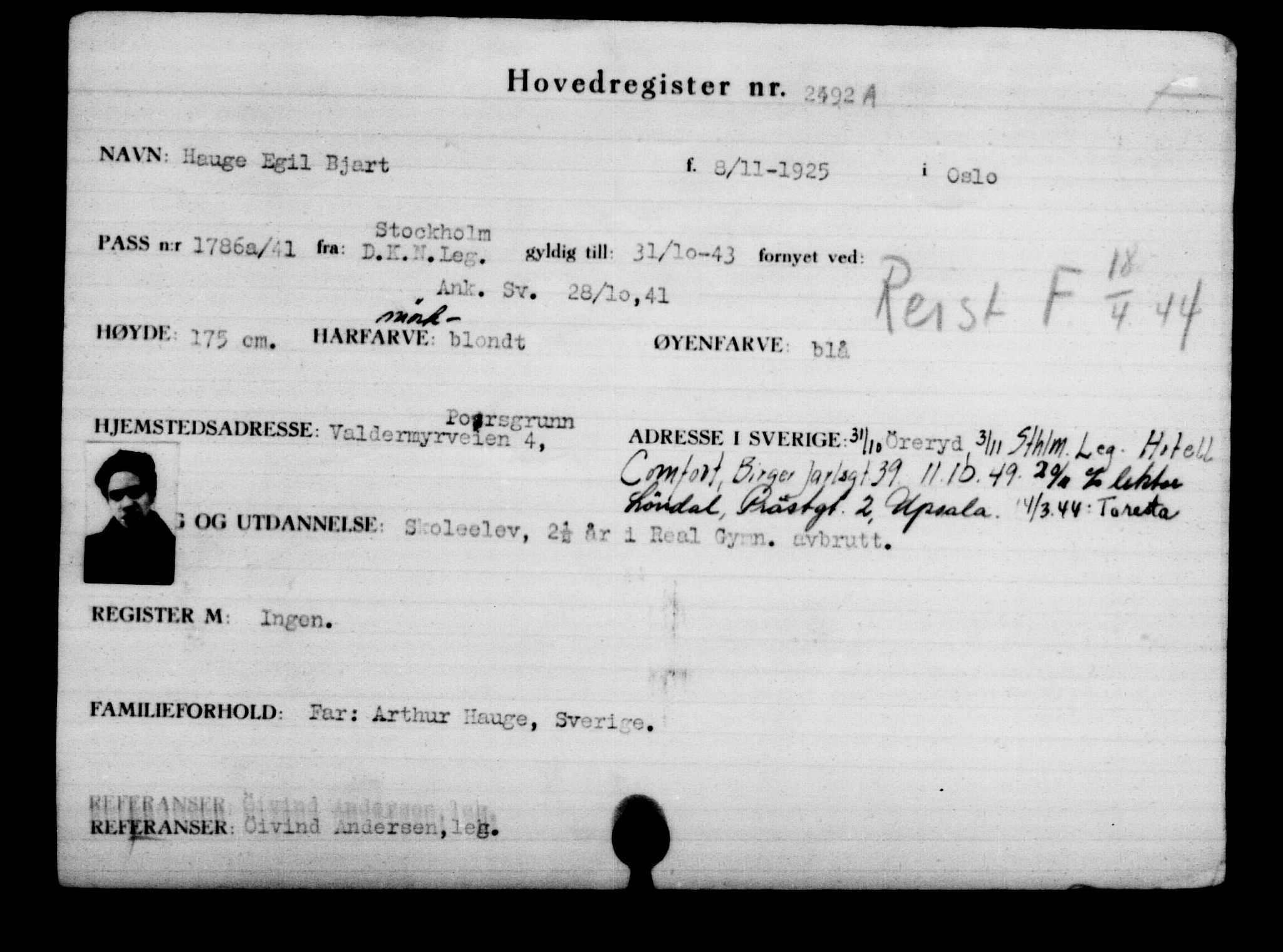 Den Kgl. Norske Legasjons Flyktningskontor, RA/S-6753/V/Va/L0003: Kjesäterkartoteket.  Flyktningenr. 2001-3495, 1940-1945, s. 827