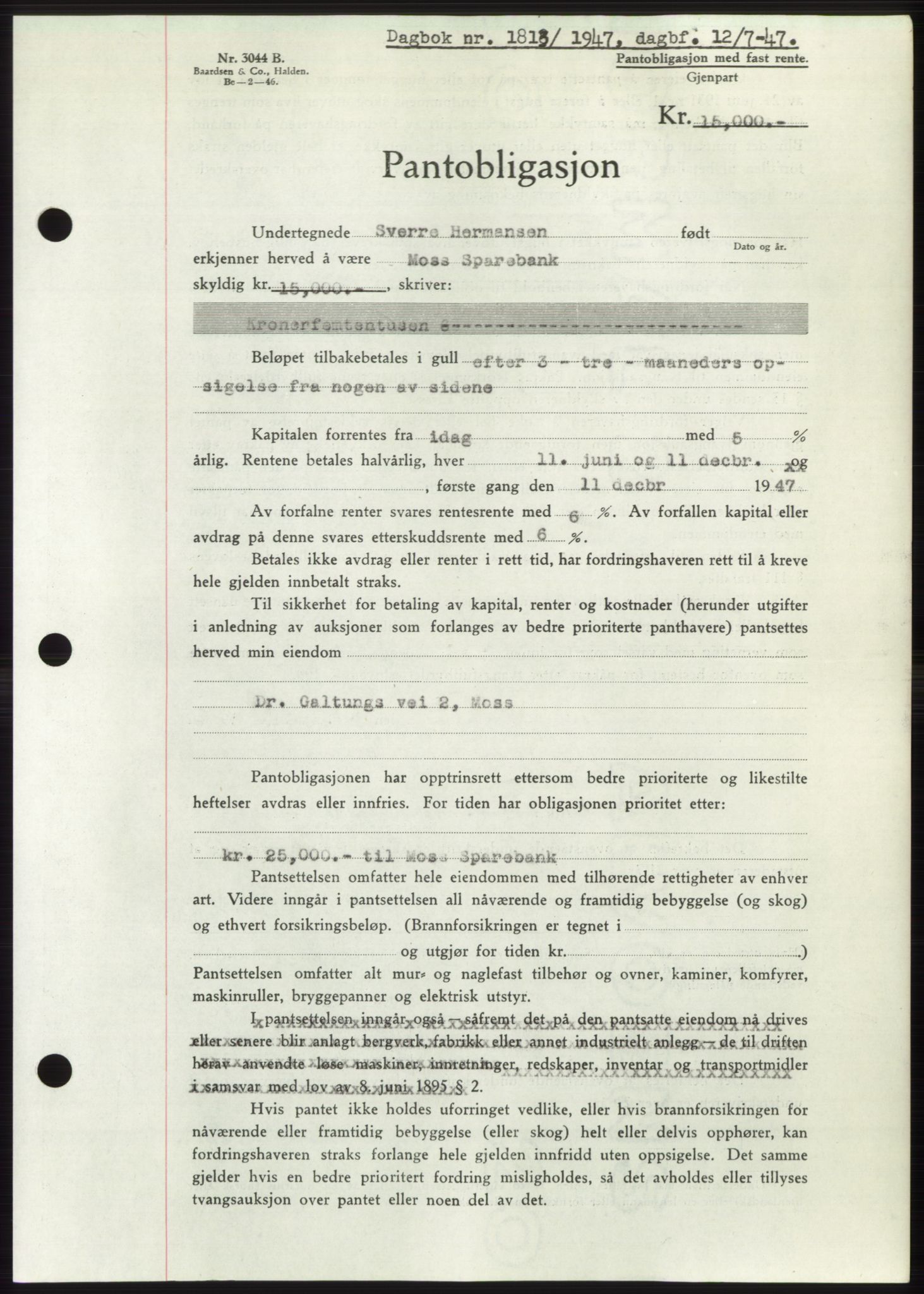 Moss sorenskriveri, SAO/A-10168: Pantebok nr. B17, 1947-1947, Dagboknr: 1813/1947