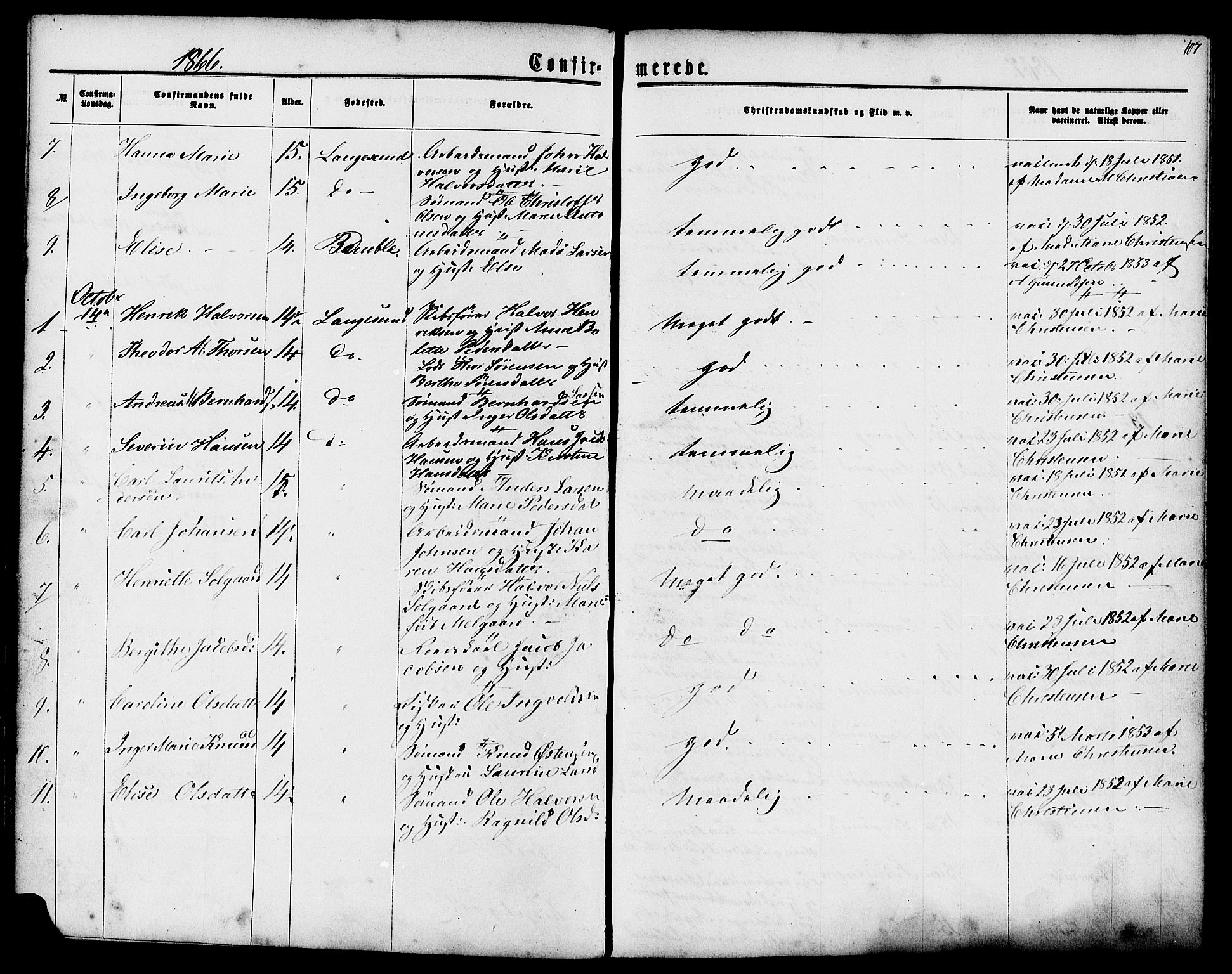 Langesund kirkebøker, AV/SAKO-A-280/G/Ga/L0004: Klokkerbok nr. 4, 1859-1884, s. 107