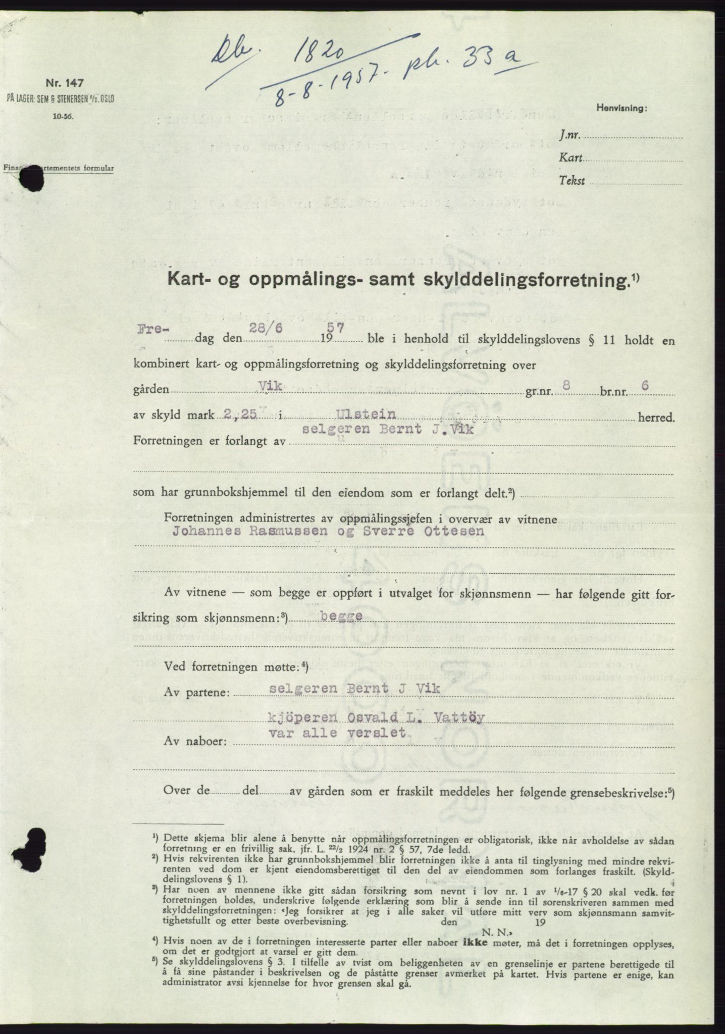Søre Sunnmøre sorenskriveri, SAT/A-4122/1/2/2C/L0107: Pantebok nr. 33A, 1957-1957, Dagboknr: 1820/1957