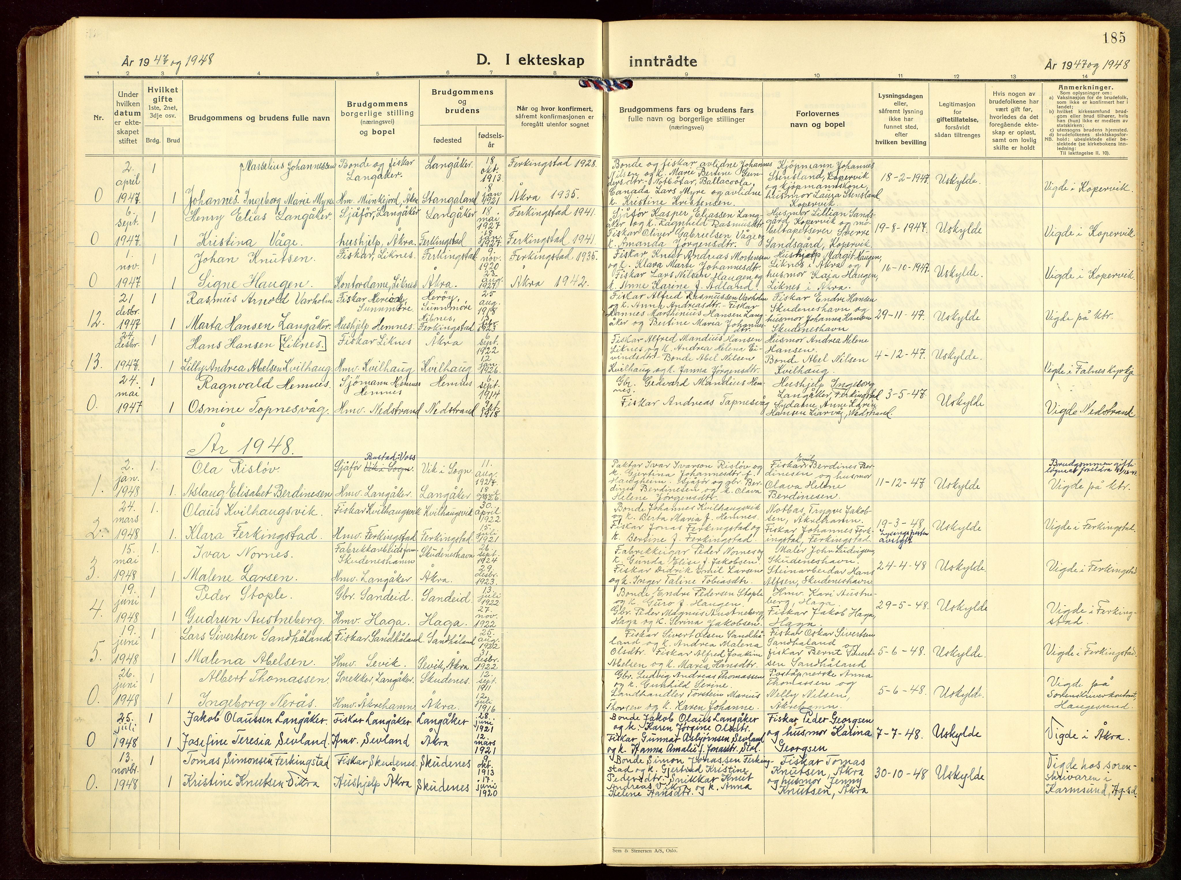 Skudenes sokneprestkontor, AV/SAST-A -101849/H/Ha/Hab/L0012: Klokkerbok nr. B 12, 1936-1968, s. 185