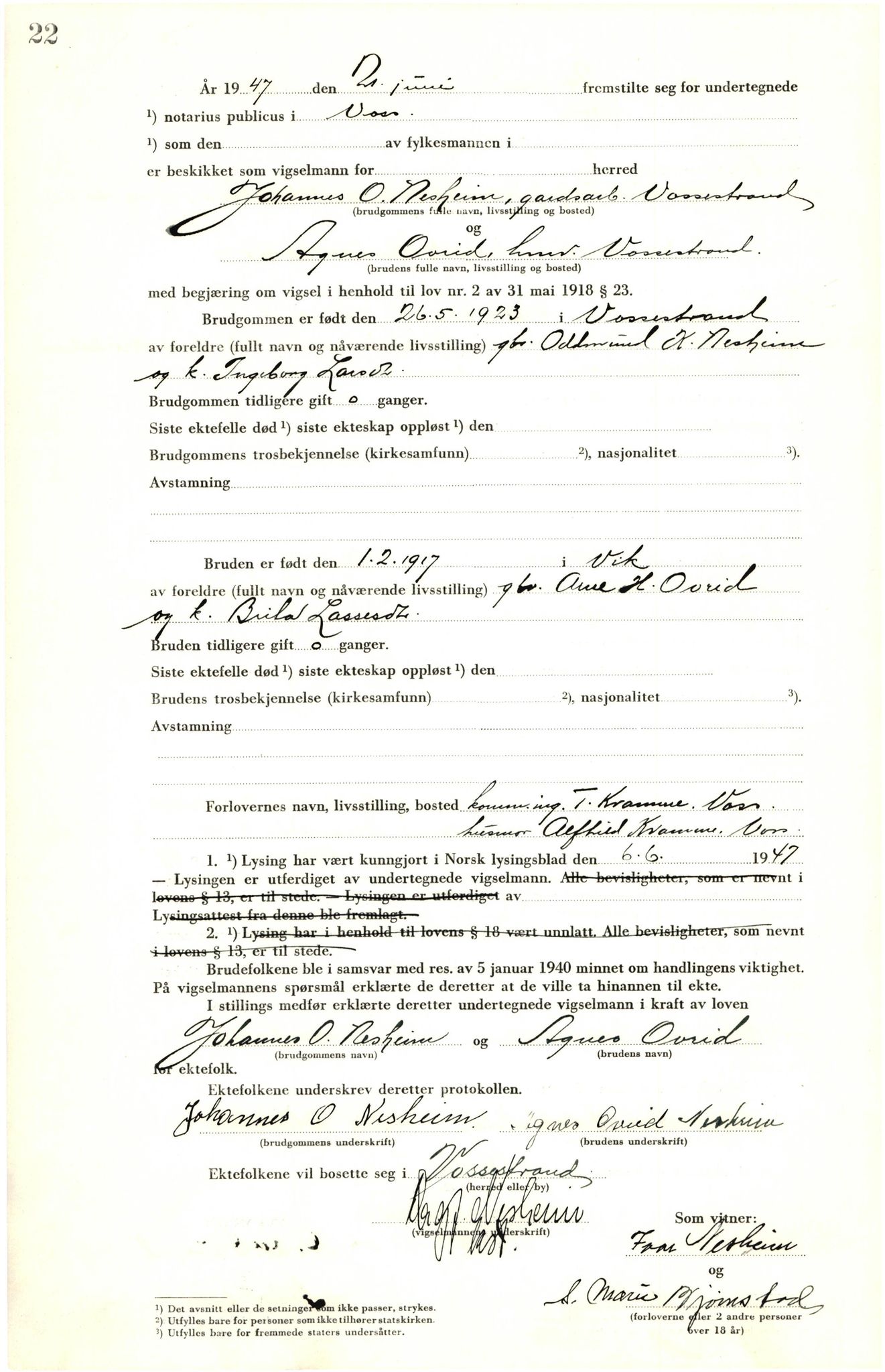Voss sorenskrivar, AV/SAB-A-2701/M/Maa/L0003: Vigselbok, 1945-1969, s. 22