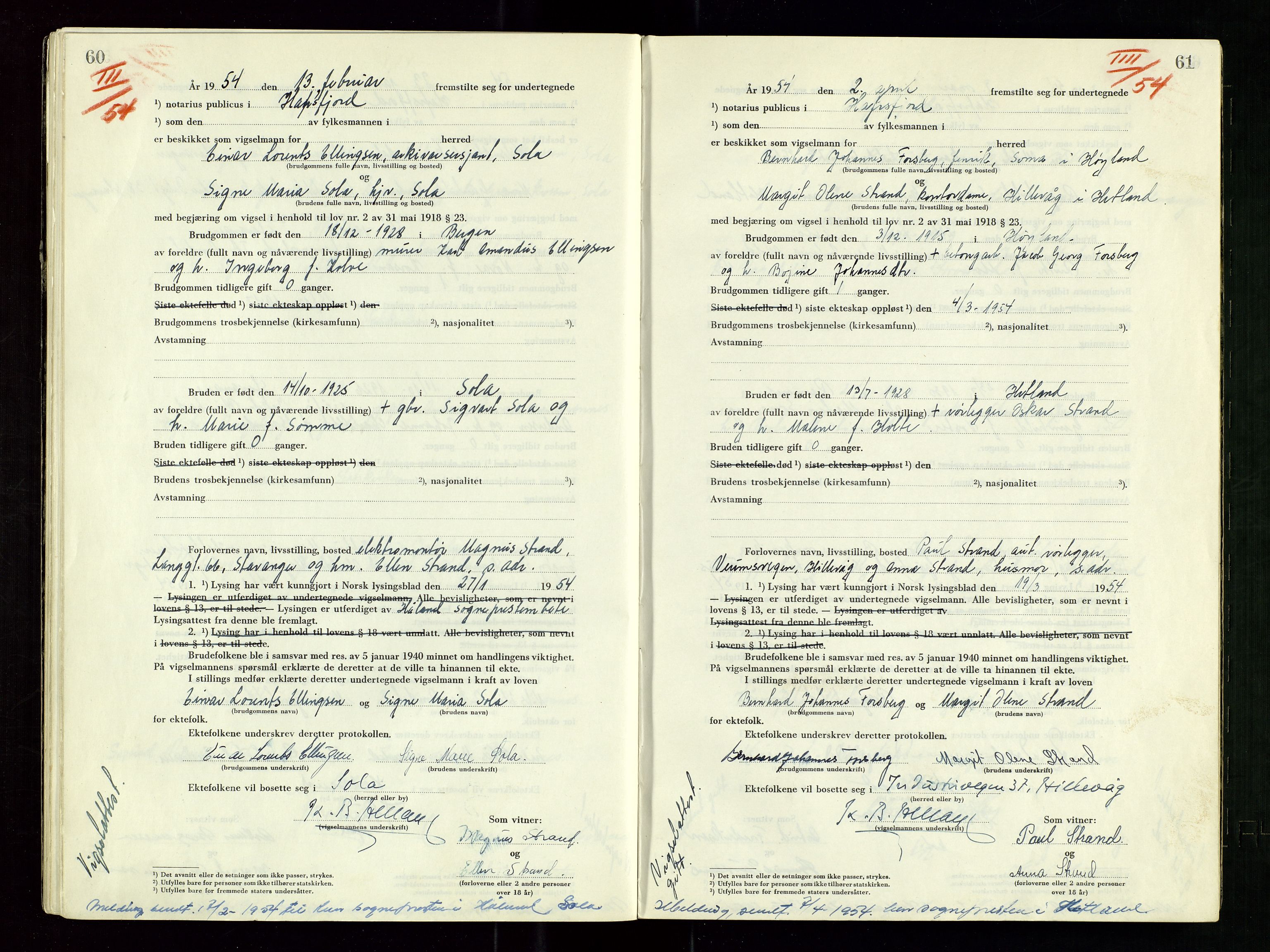 Hafrsfjord sorenskriveri, AV/SAST-A-100313/I/Ic/L0001: "Vigsels-bok", 1951-1959, s. 60-61