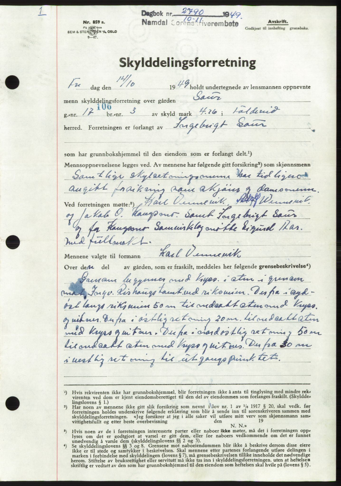 Namdal sorenskriveri, SAT/A-4133/1/2/2C: Pantebok nr. -, 1949-1949, Dagboknr: 2790/1949