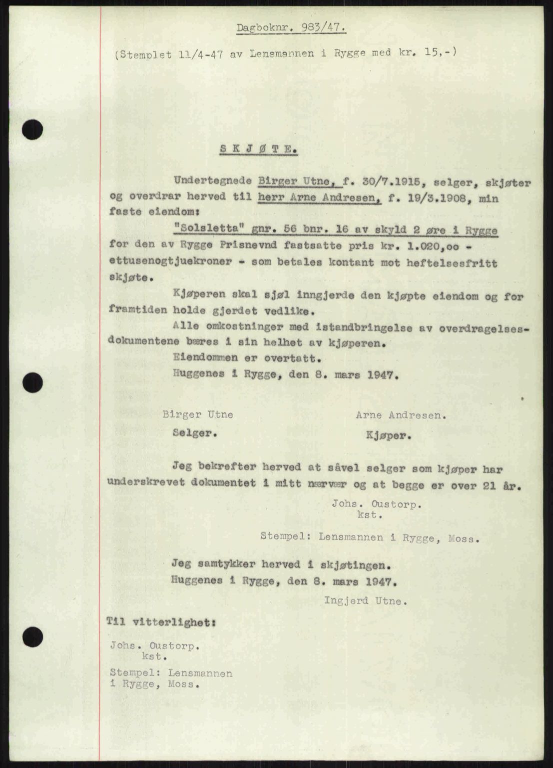 Moss sorenskriveri, SAO/A-10168: Pantebok nr. A17, 1947-1947, Dagboknr: 983/1947