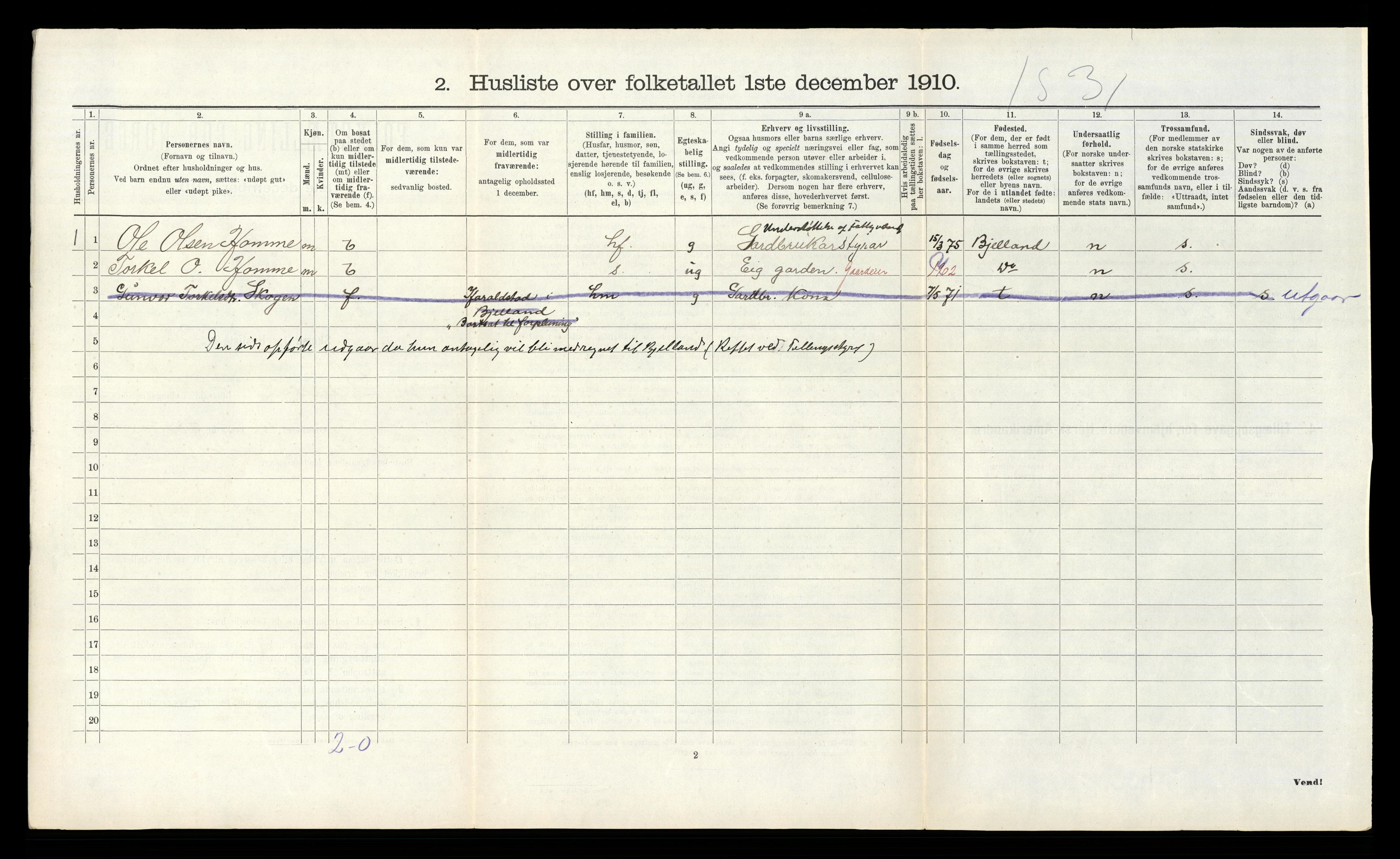 RA, Folketelling 1910 for 1022 Laudal herred, 1910, s. 274