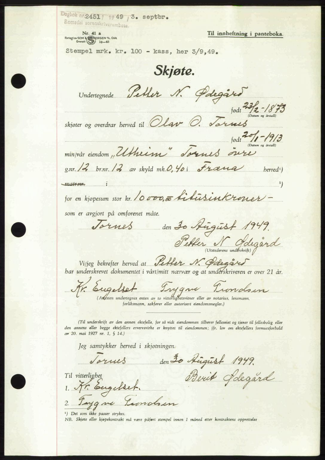 Romsdal sorenskriveri, AV/SAT-A-4149/1/2/2C: Pantebok nr. A30, 1949-1949, Dagboknr: 2451/1949