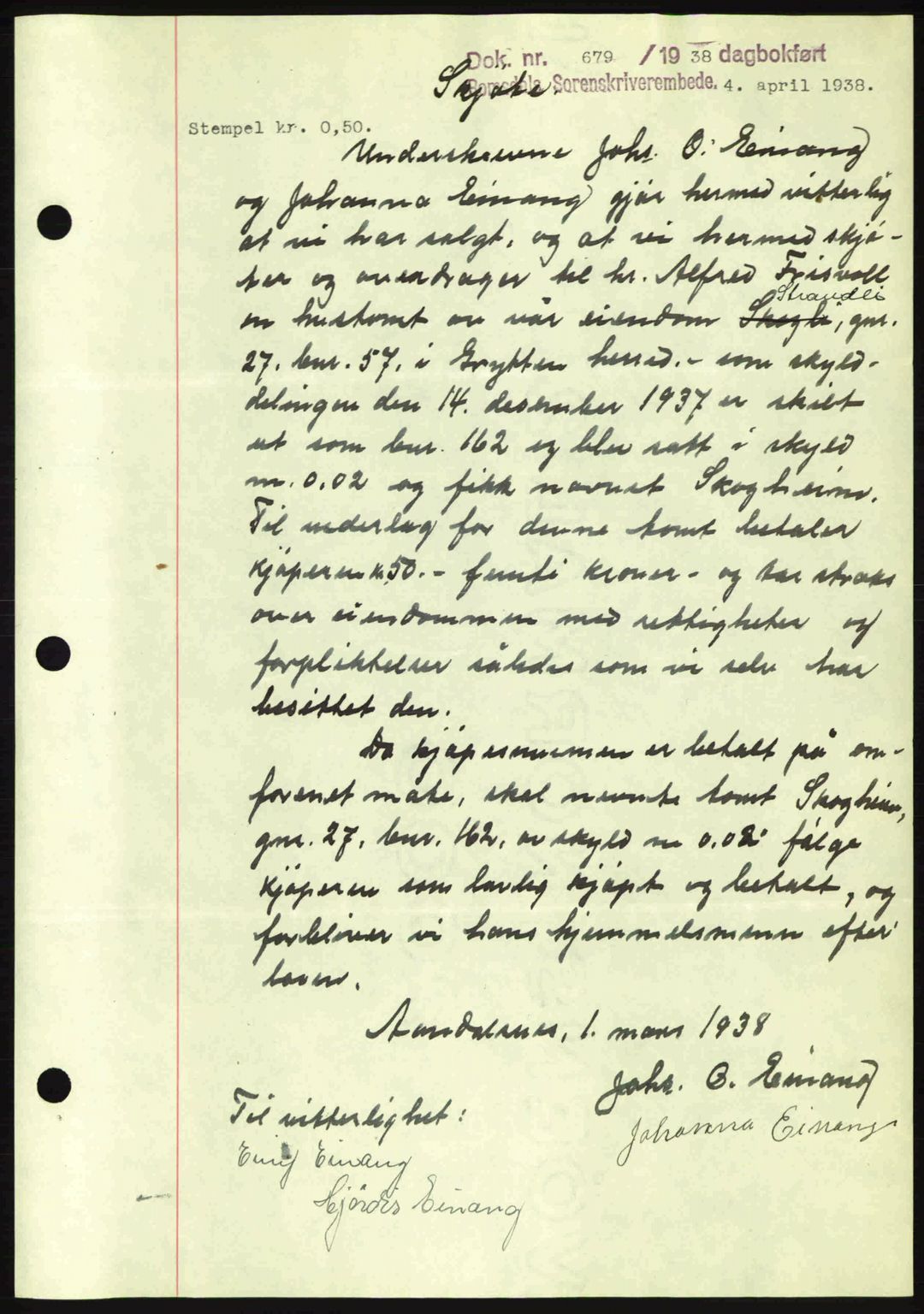 Romsdal sorenskriveri, SAT/A-4149/1/2/2C: Pantebok nr. A4, 1937-1938, Dagboknr: 679/1938