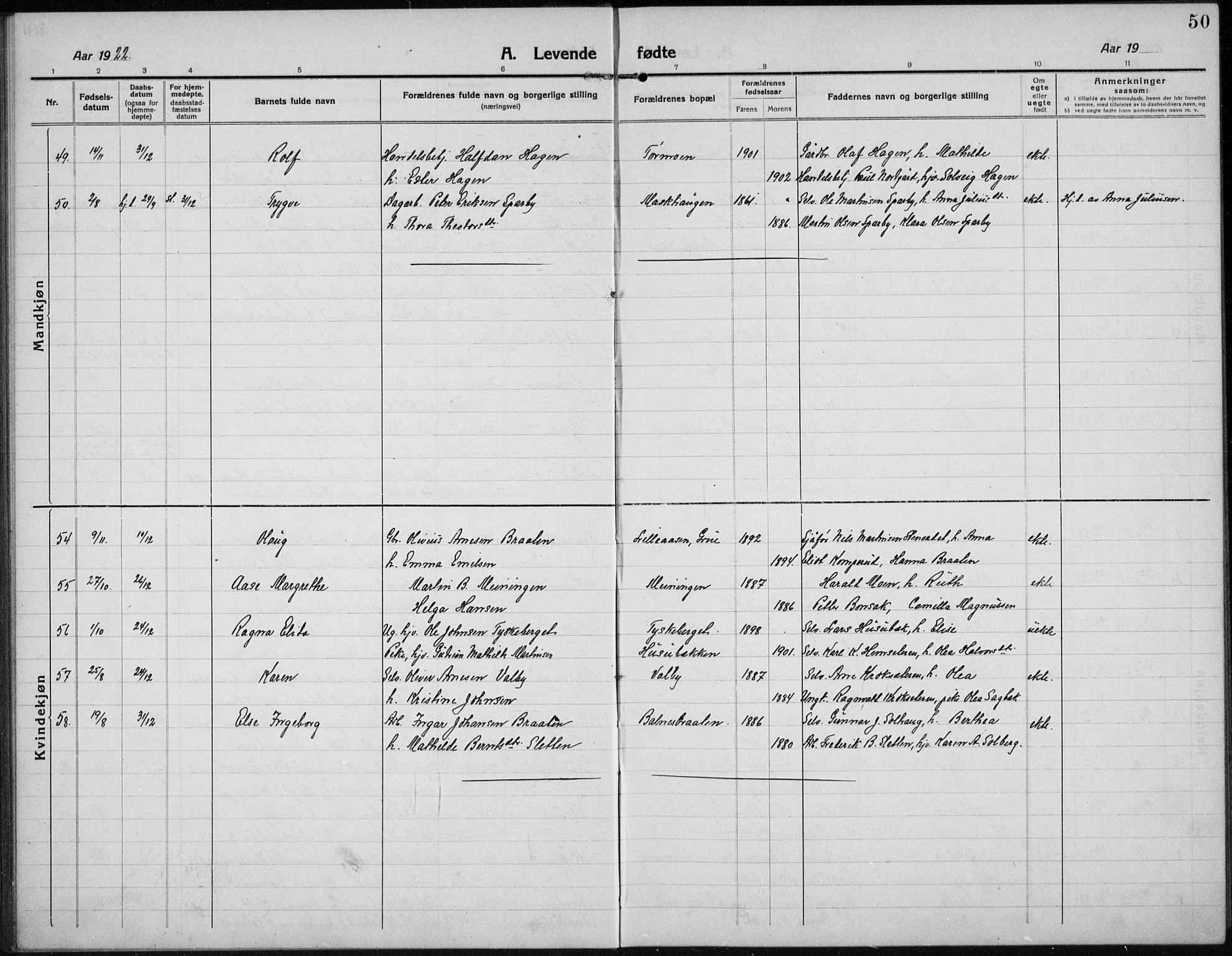 Hof prestekontor, AV/SAH-PREST-038/H/Ha/Hab/L0002: Klokkerbok nr. 2, 1915-1934, s. 50