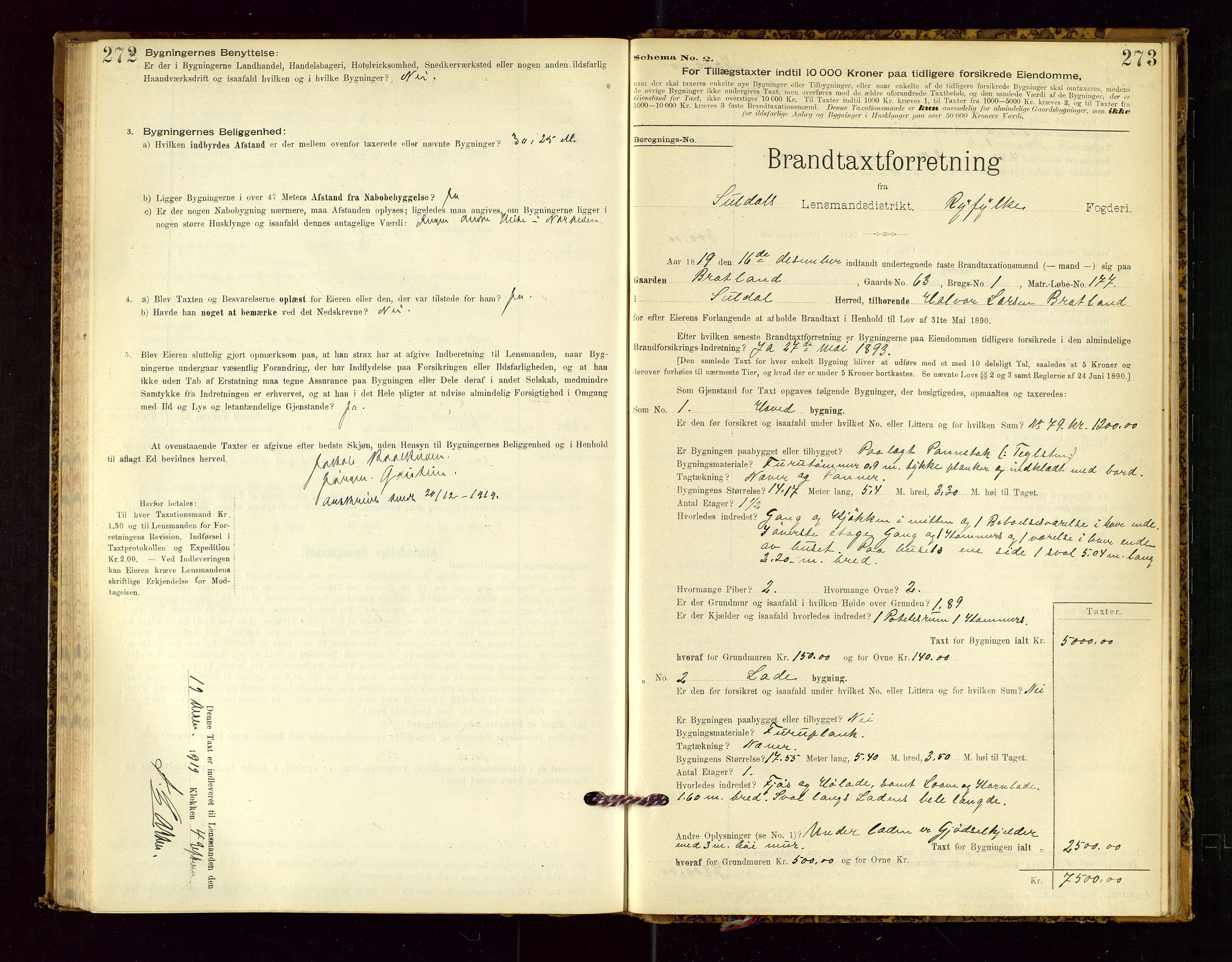 Suldal lensmannskontor, AV/SAST-A-100419/Gob/L0001: "Brandtaxationsprotokol", 1894-1923, s. 272-273