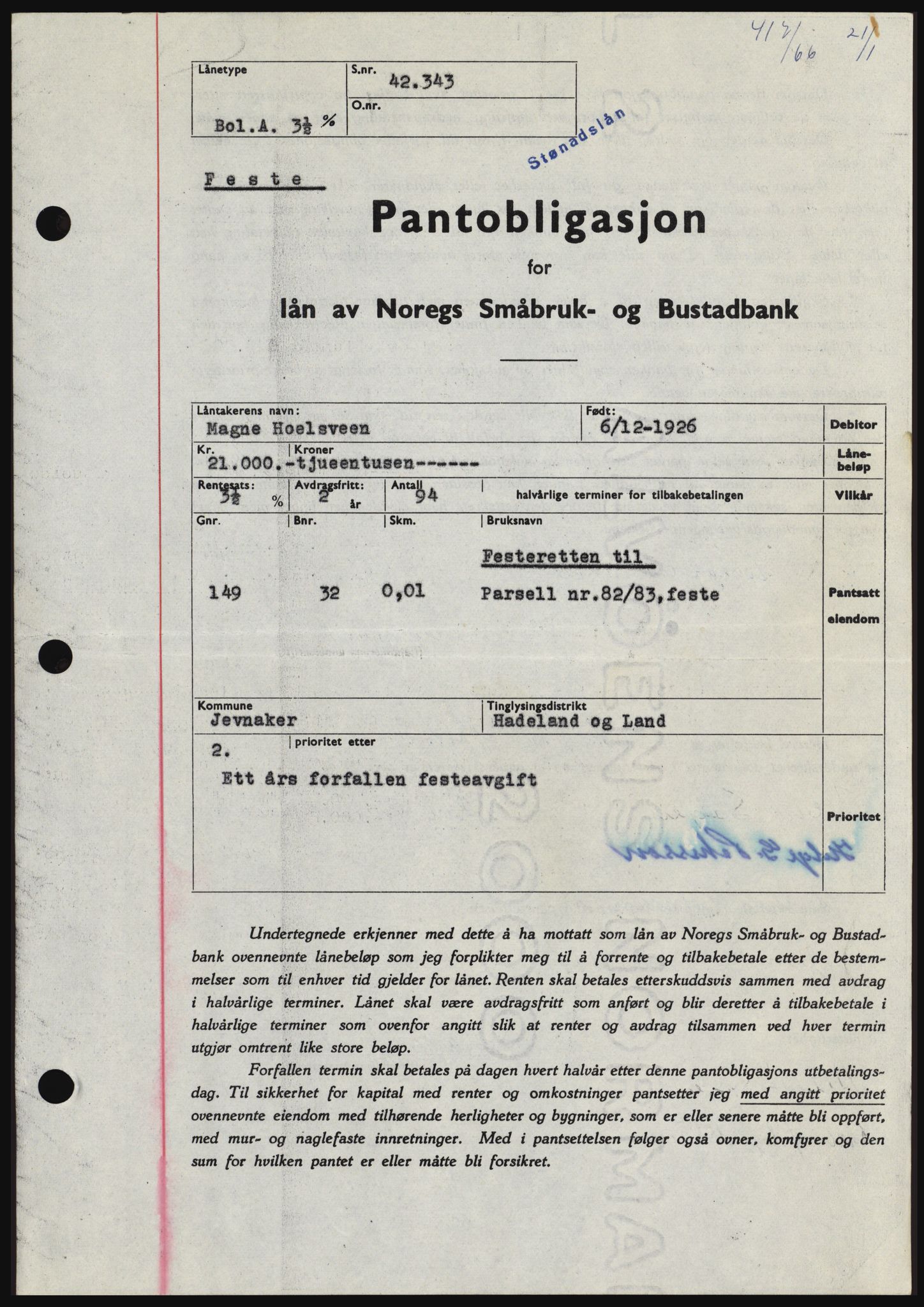 Hadeland og Land tingrett, SAH/TING-010/H/Hb/Hbc/L0061: Pantebok nr. B61, 1965-1966, Dagboknr: 417/1966