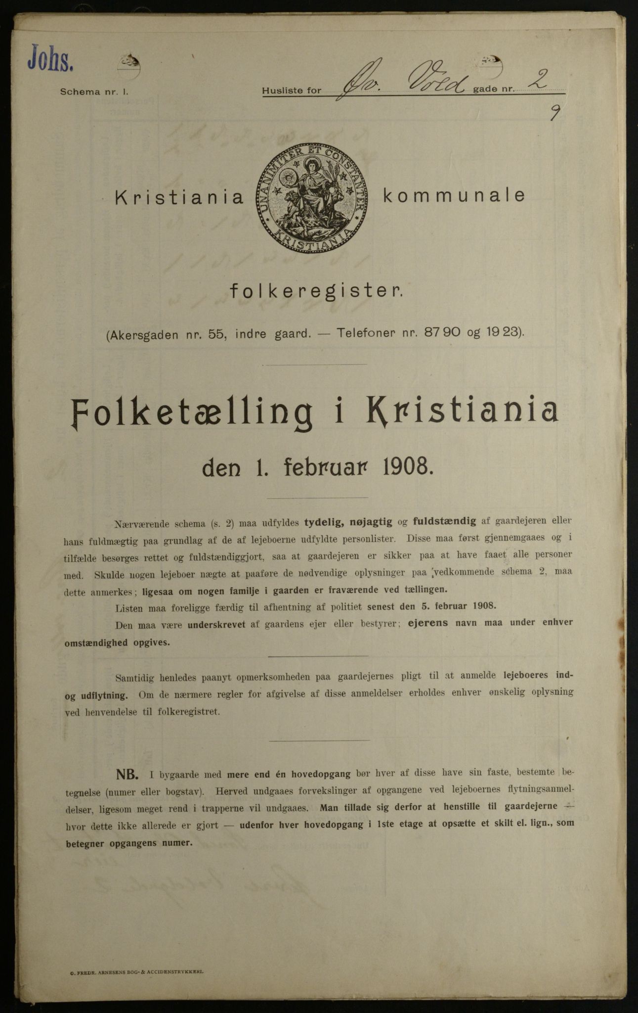 OBA, Kommunal folketelling 1.2.1908 for Kristiania kjøpstad, 1908, s. 116798