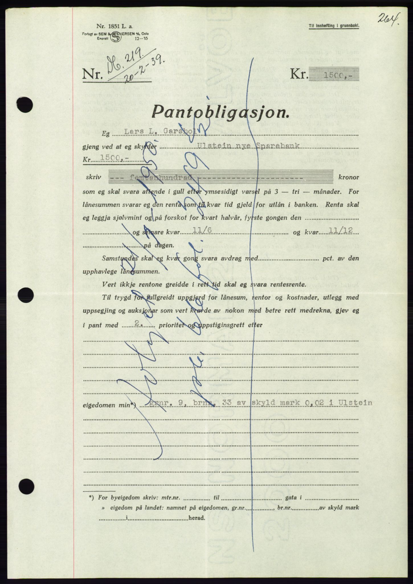 Søre Sunnmøre sorenskriveri, AV/SAT-A-4122/1/2/2C/L0067: Pantebok nr. 61, 1938-1939, Dagboknr: 219/1939