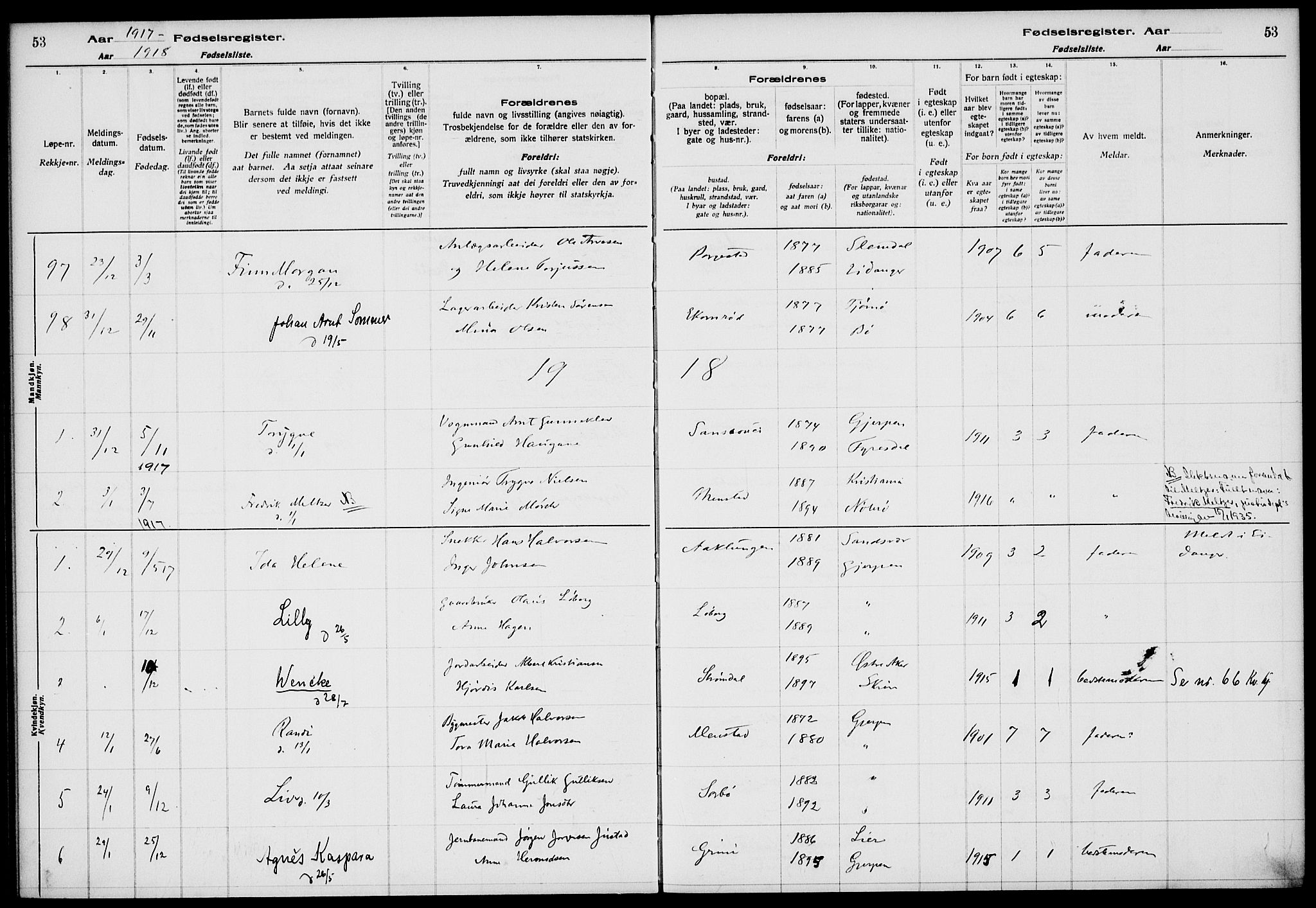 Gjerpen kirkebøker, AV/SAKO-A-265/J/Ja/L0001: Fødselsregister nr. I 1, 1916-1926, s. 53