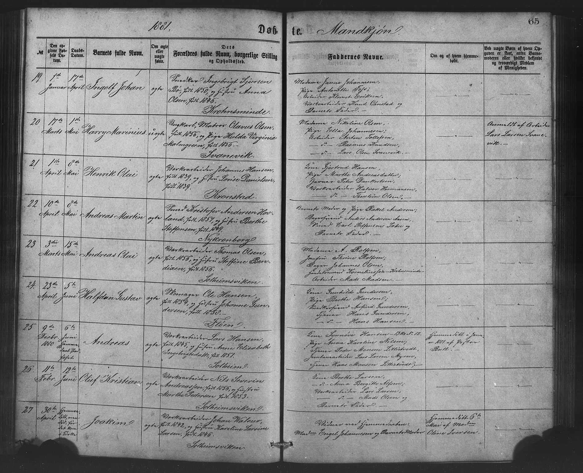 St. Jørgens hospital og Årstad sokneprestembete, AV/SAB-A-99934: Klokkerbok nr. A 4, 1873-1885, s. 65