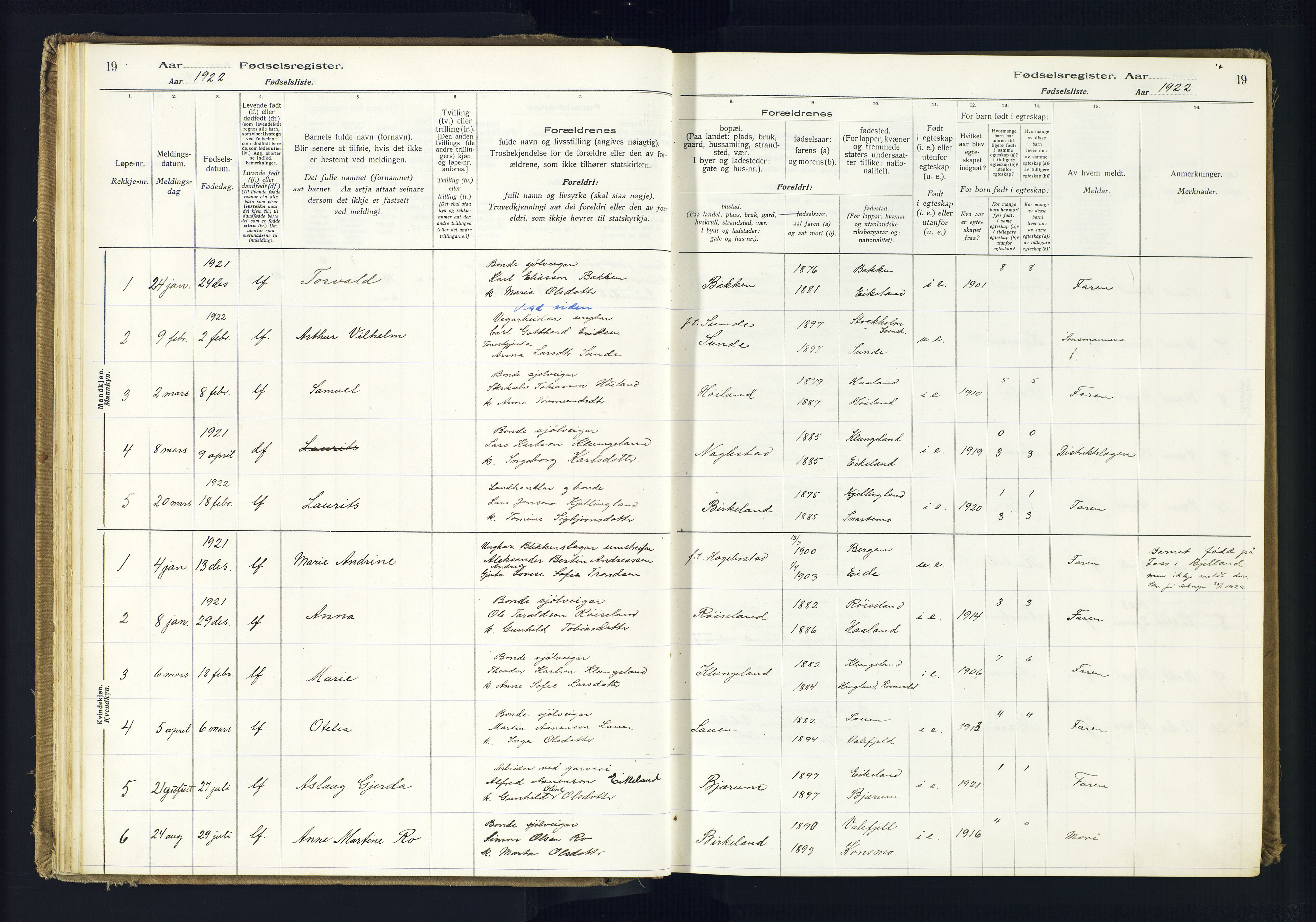 Hægebostad sokneprestkontor, SAK/1111-0024/J/Ja/L0001: Fødselsregister nr. II.6.7, 1916-1982, s. 19