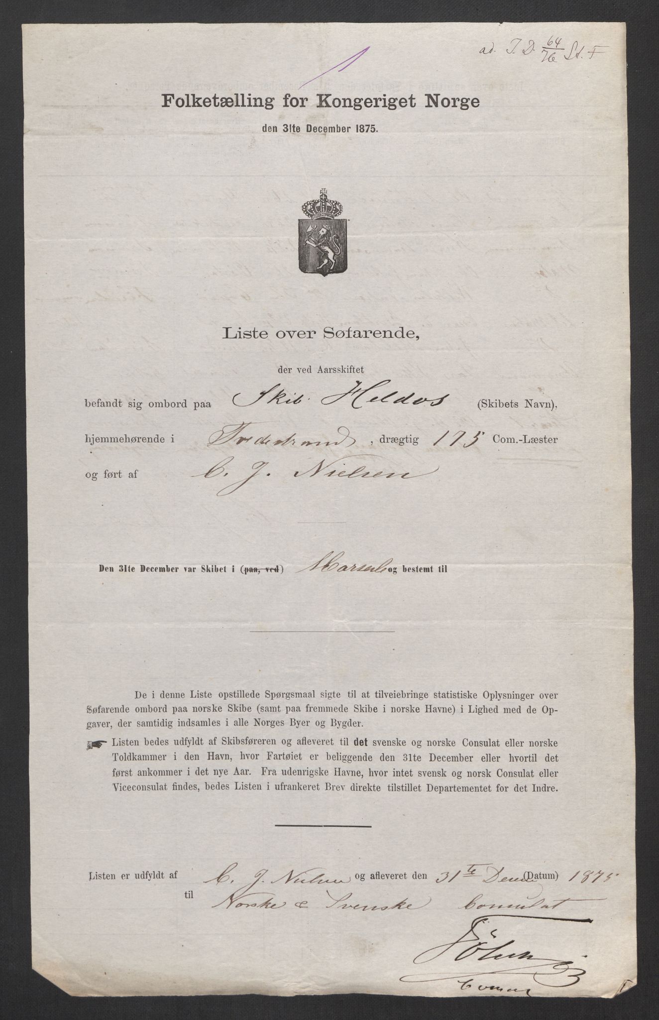 RA, Folketelling 1875, skipslister: Skip i utenrikske havner, hjemmehørende i byer og ladesteder, Fredrikshald - Arendal, 1875, s. 954