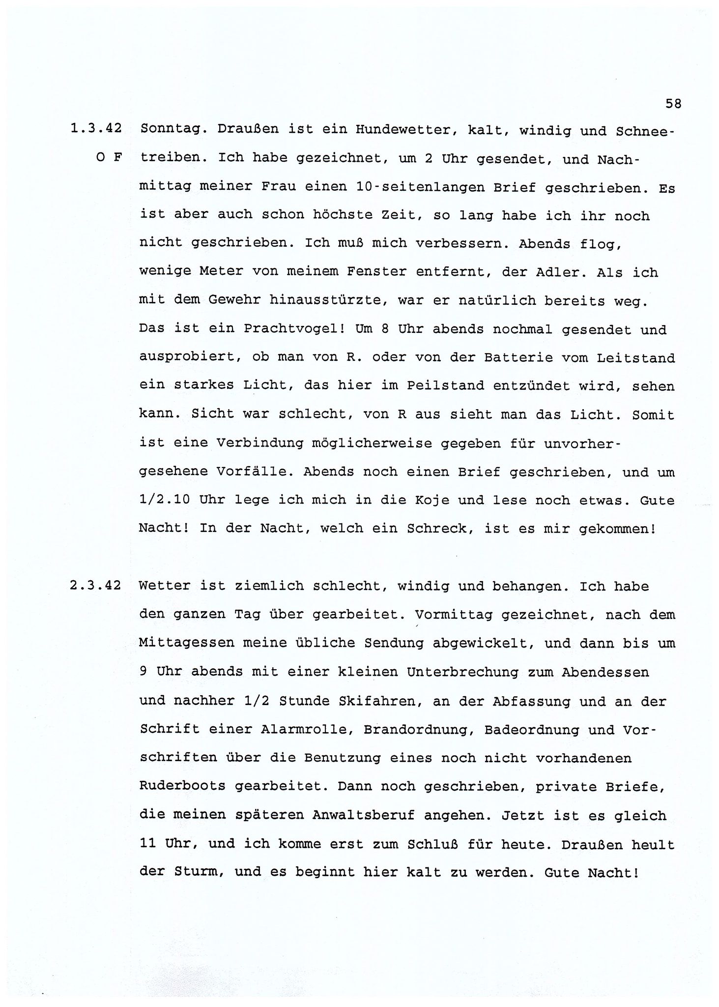 Dagbokopptegnelser av en tysk marineoffiser stasjonert i Norge , FMFB/A-1160/F/L0001: Dagbokopptegnelser av en tysk marineoffiser stasjonert i Norge, 1941-1944, s. 58