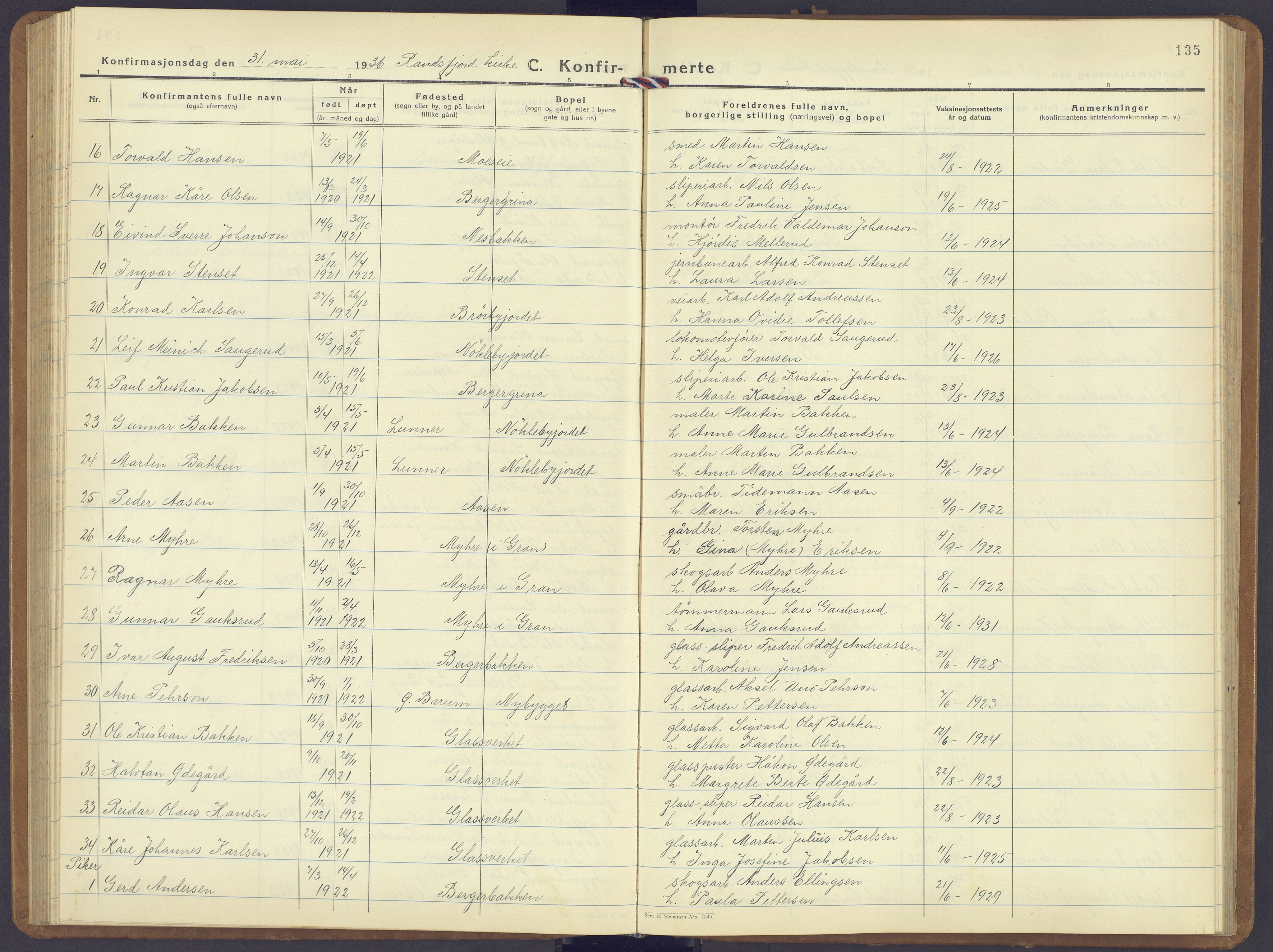 Jevnaker prestekontor, AV/SAH-PREST-116/H/Ha/Hab/L0006: Klokkerbok nr. 6, 1930-1945, s. 135