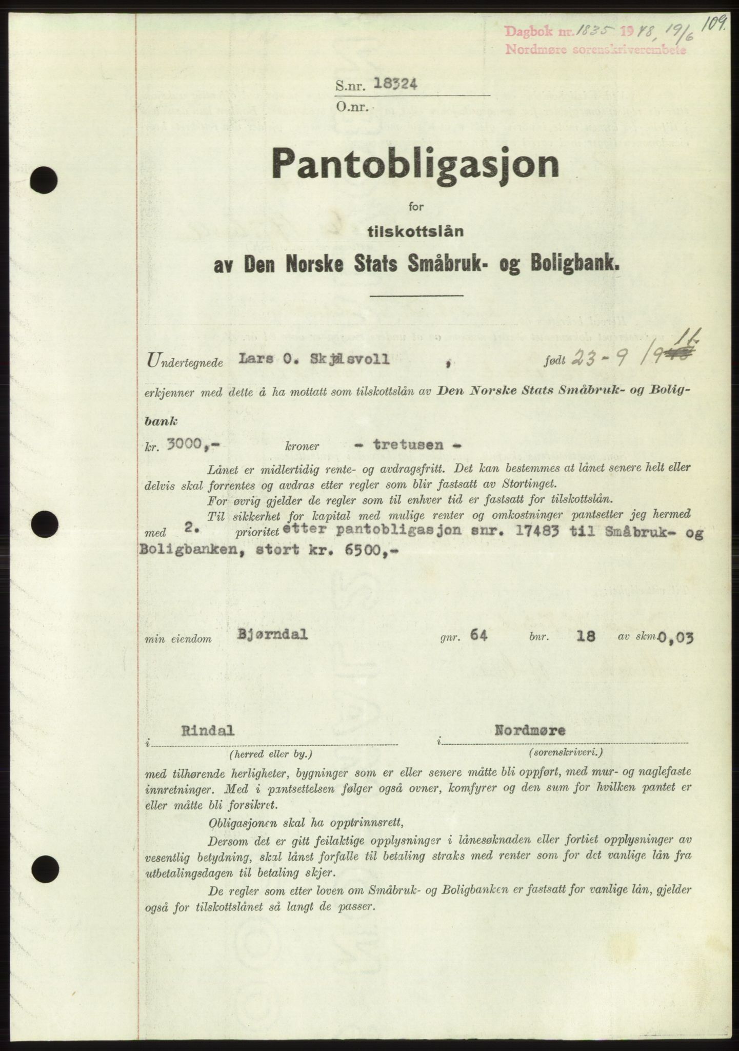 Nordmøre sorenskriveri, SAT/A-4132/1/2/2Ca: Pantebok nr. B99, 1948-1948, Dagboknr: 1835/1948