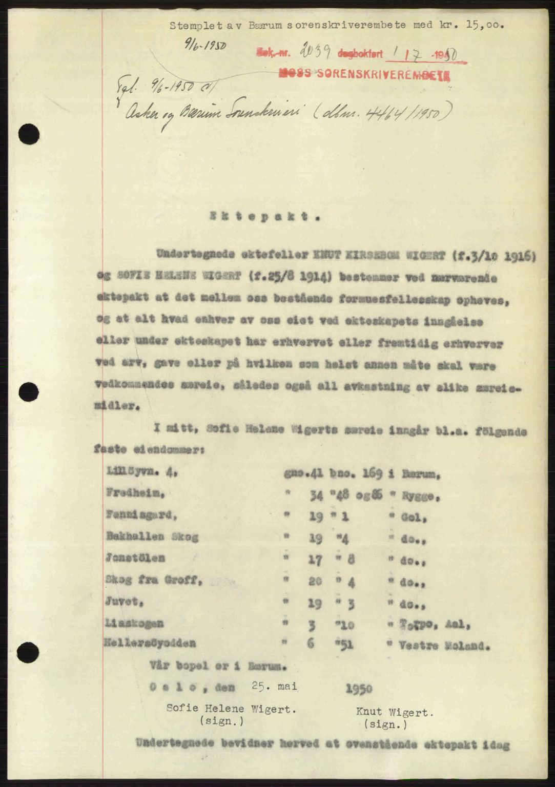 Moss sorenskriveri, SAO/A-10168: Pantebok nr. A26, 1950-1950, Dagboknr: 2039/1950