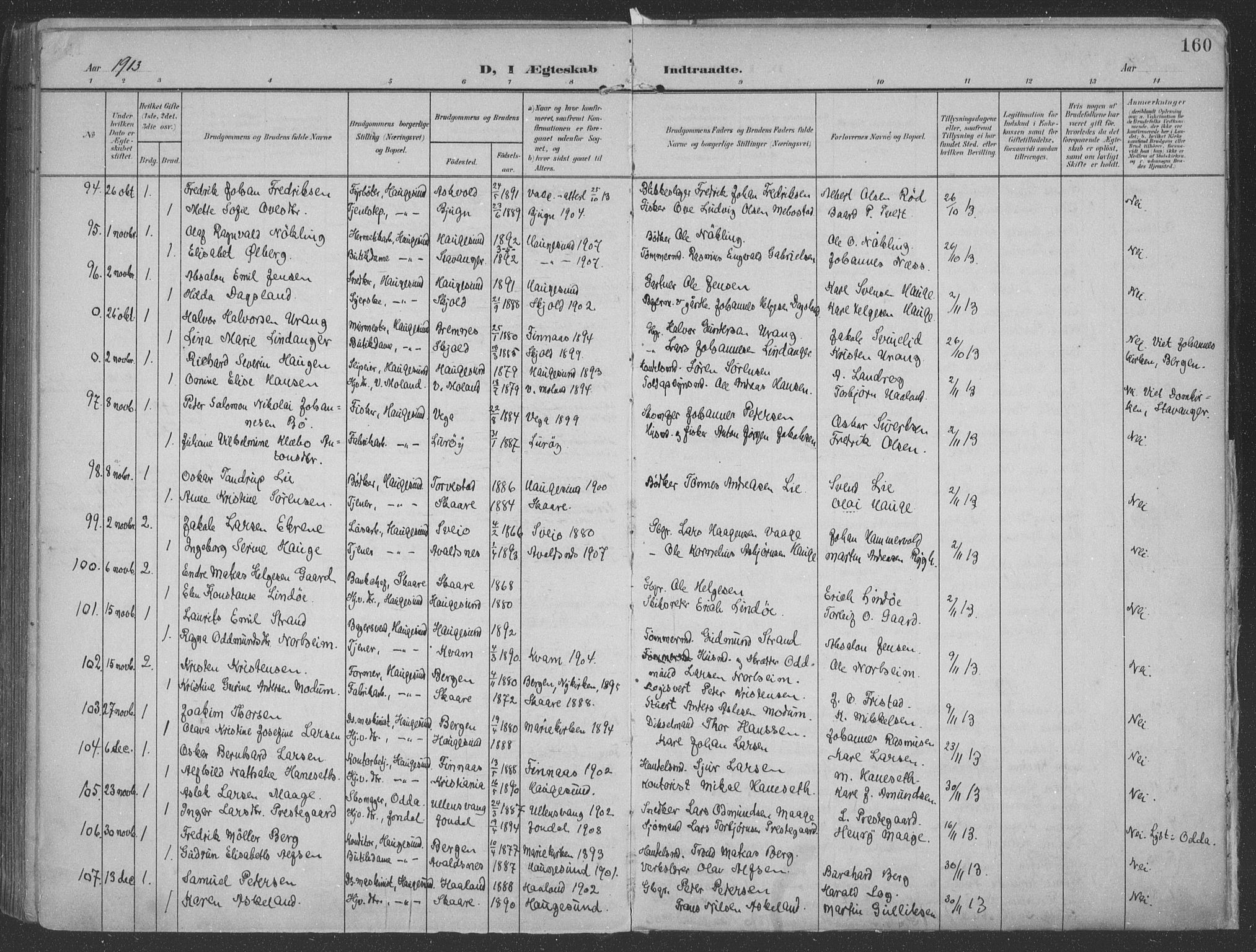 Haugesund sokneprestkontor, SAST/A -101863/H/Ha/Haa/L0007: Ministerialbok nr. A 7, 1904-1916, s. 160