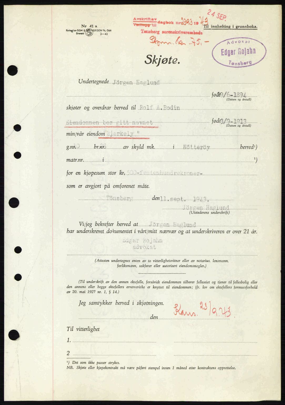 Tønsberg sorenskriveri, AV/SAKO-A-130/G/Ga/Gaa/L0014: Pantebok nr. A14, 1943-1944, Dagboknr: 2393/1943