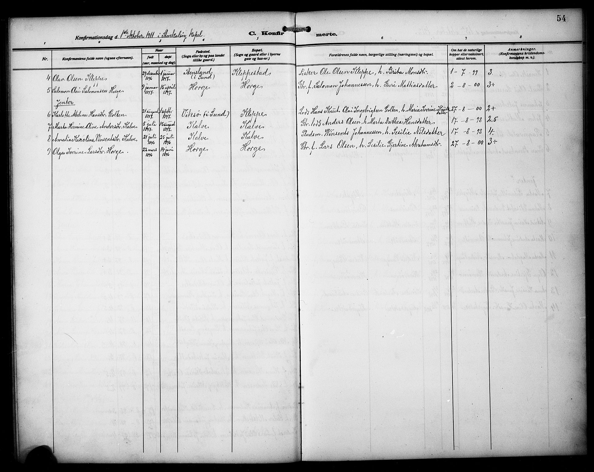 Austevoll sokneprestembete, AV/SAB-A-74201/H/Ha/Hab/Habb/L0006: Klokkerbok nr. B 6, 1911-1925, s. 54