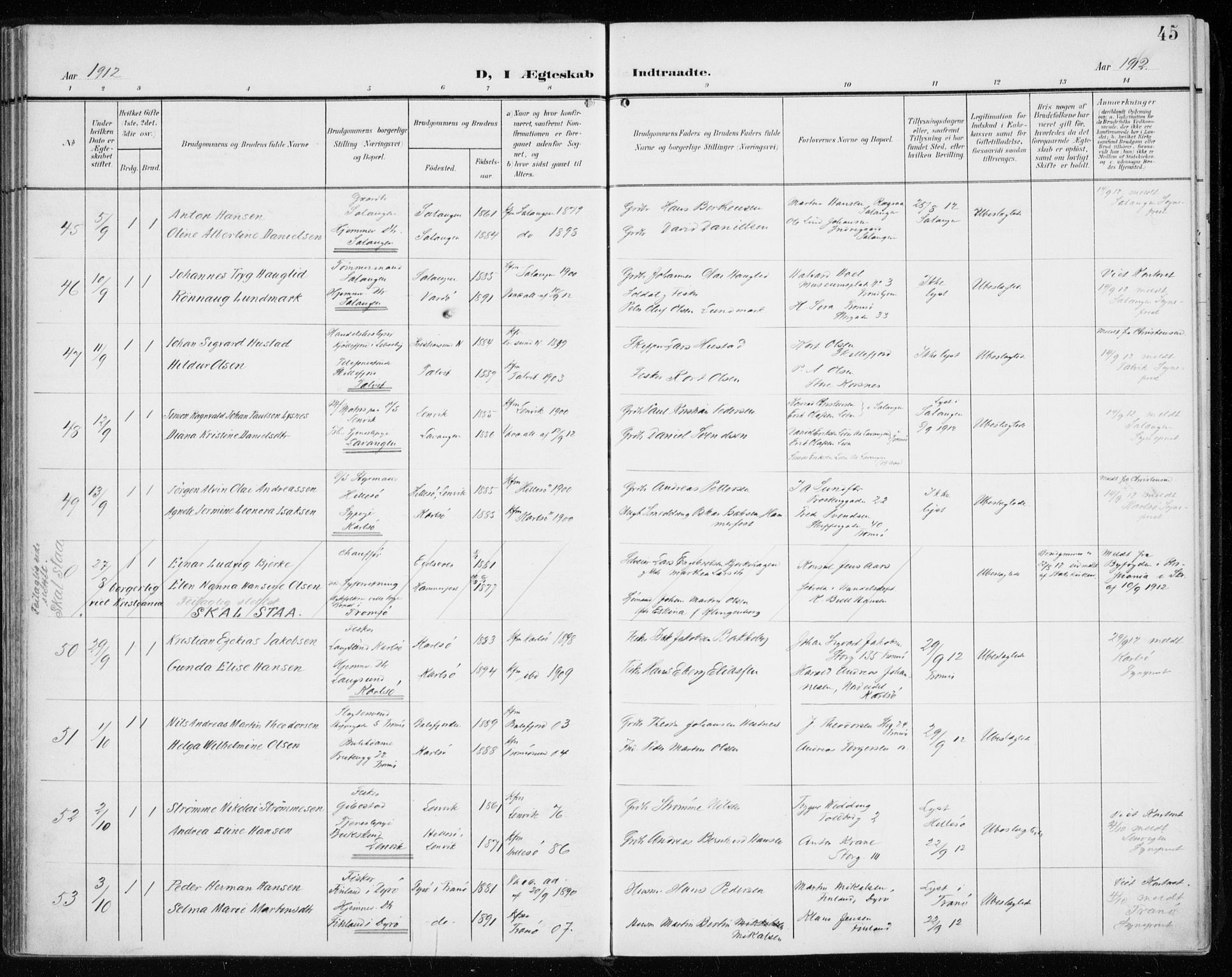 Tromsø sokneprestkontor/stiftsprosti/domprosti, AV/SATØ-S-1343/G/Ga/L0018kirke: Ministerialbok nr. 18, 1907-1917, s. 45