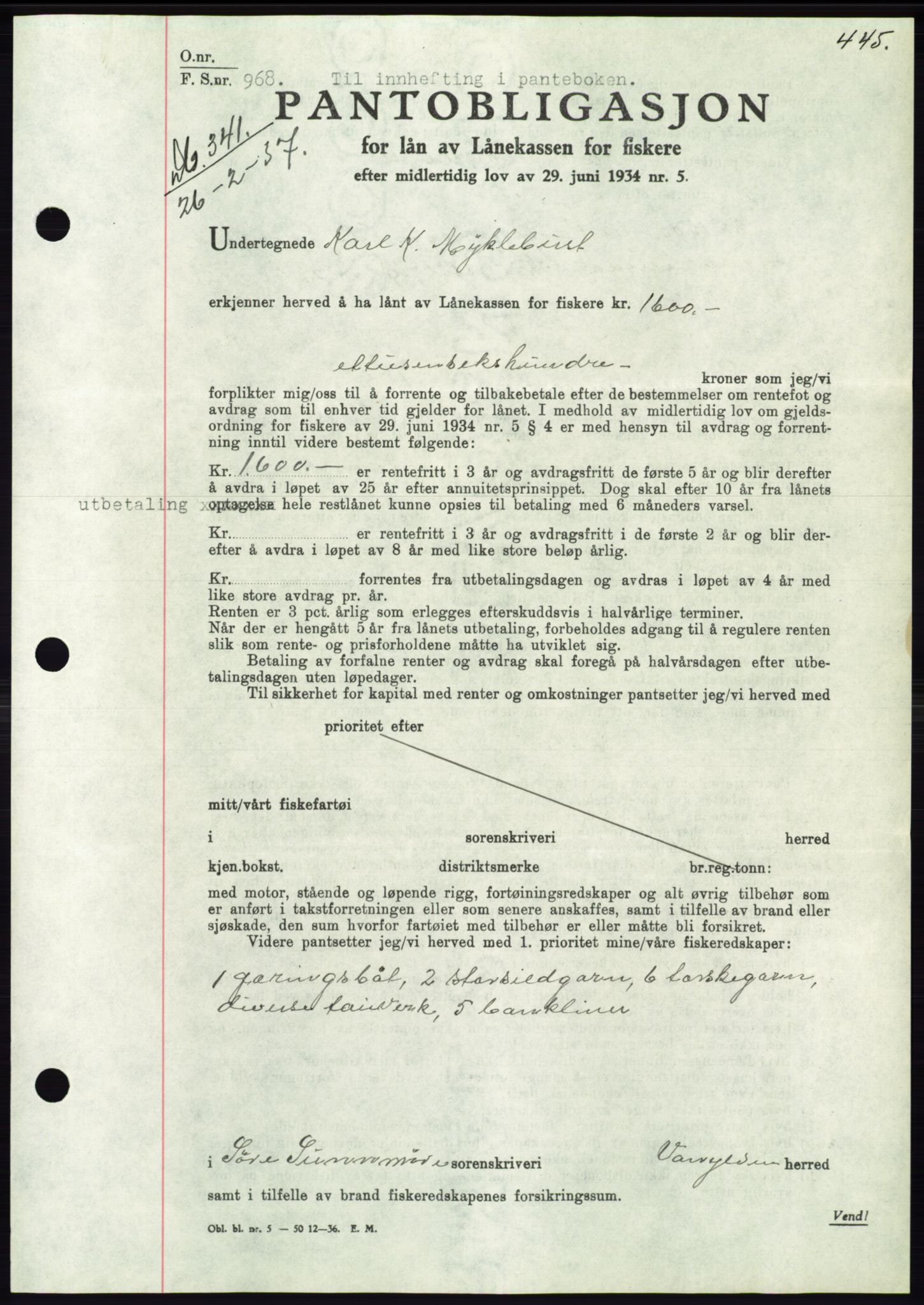 Søre Sunnmøre sorenskriveri, AV/SAT-A-4122/1/2/2C/L0062: Pantebok nr. 56, 1936-1937, Dagboknr: 341/1937