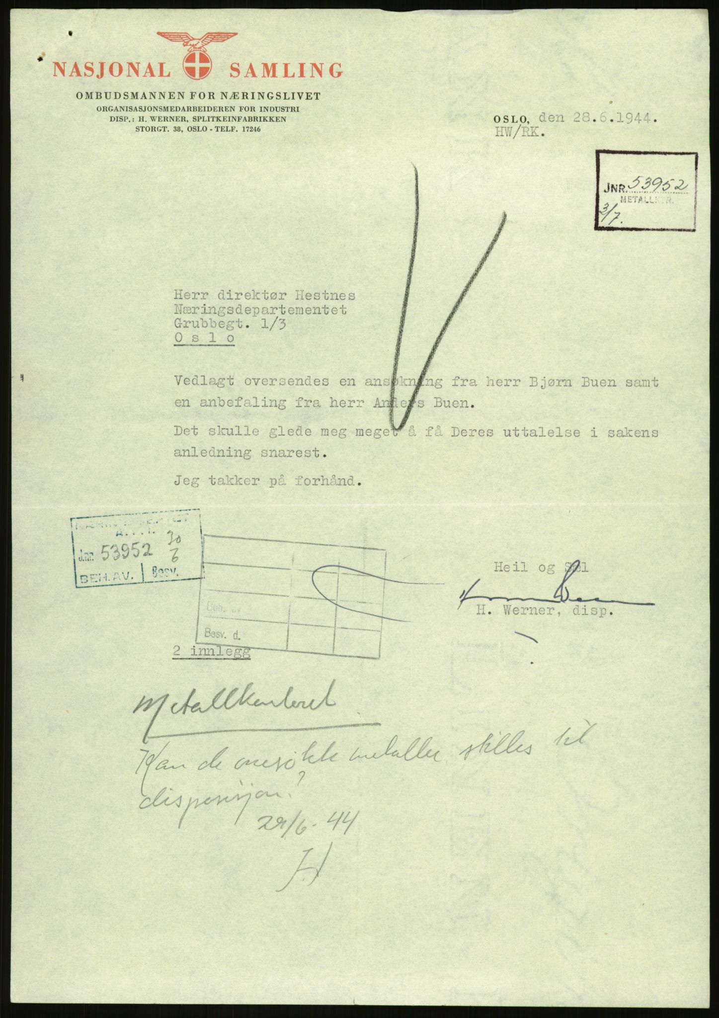 Direktoratet for industriforsyning, Sekretariatet, AV/RA-S-4153/D/Df/L0054: 9. Metallkontoret, 1940-1945, s. 401