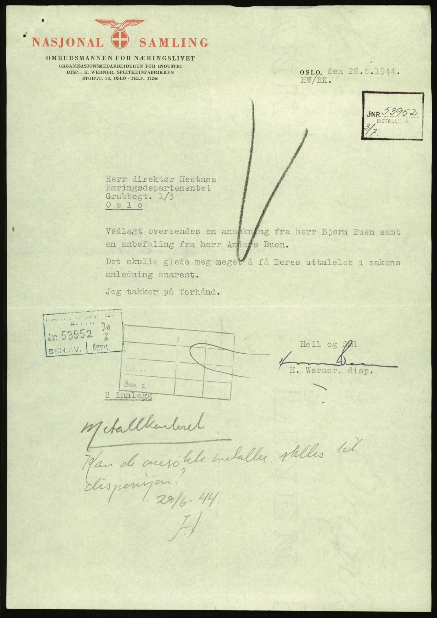 Direktoratet for industriforsyning, Sekretariatet, RA/S-4153/D/Df/L0054: 9. Metallkontoret, 1940-1945, s. 401