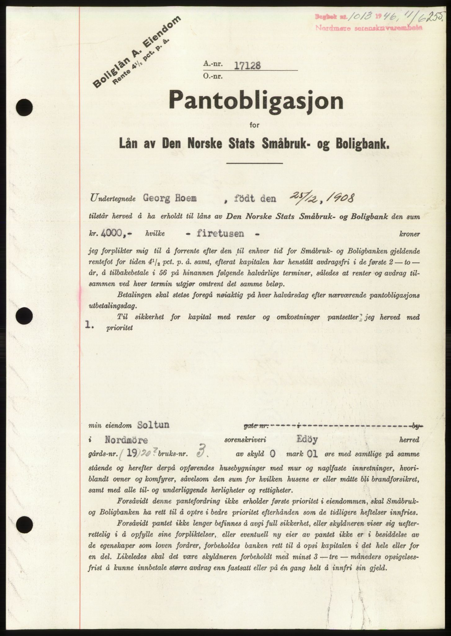Nordmøre sorenskriveri, SAT/A-4132/1/2/2Ca: Pantebok nr. B94, 1946-1946, Dagboknr: 1013/1946