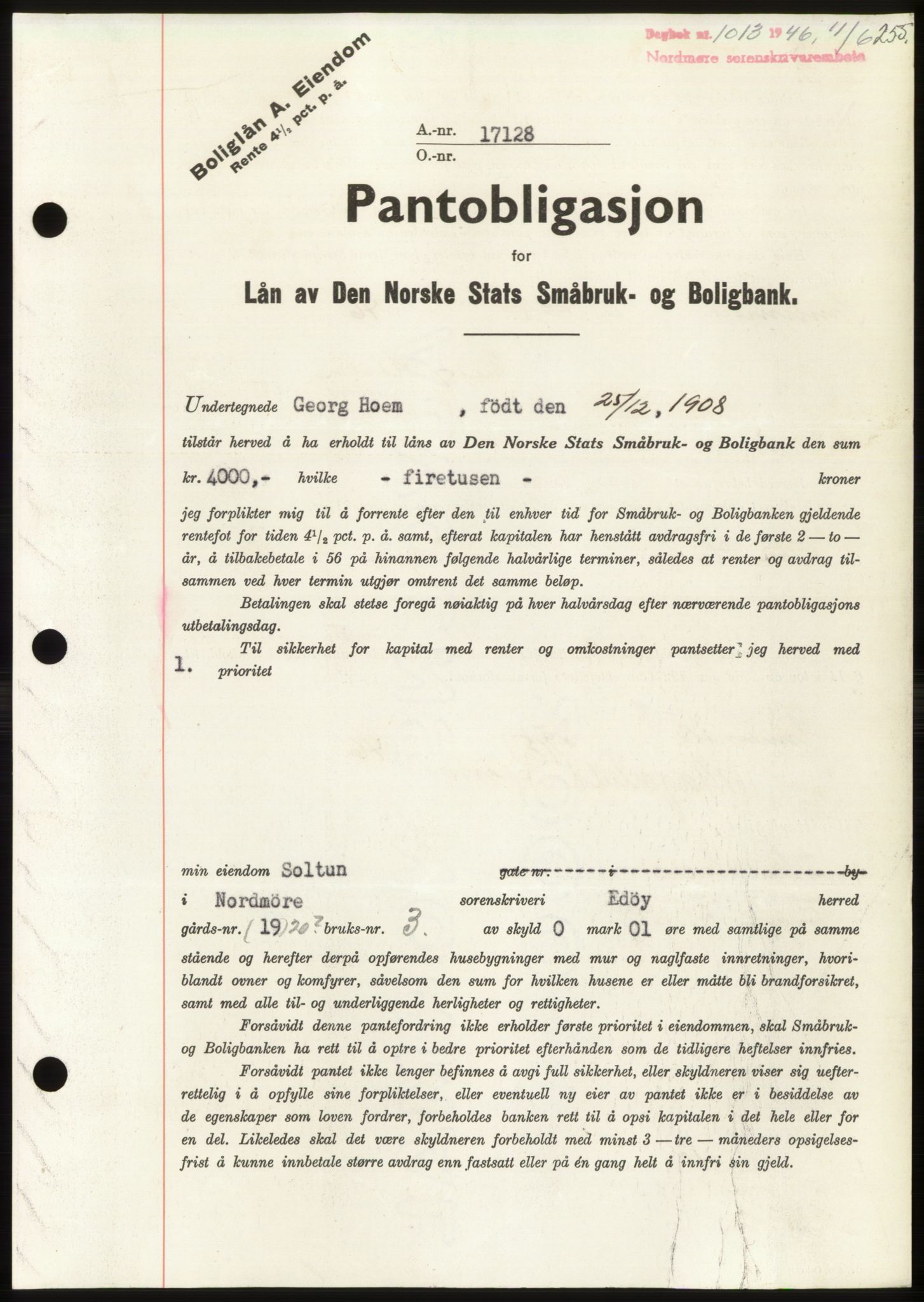 Nordmøre sorenskriveri, AV/SAT-A-4132/1/2/2Ca: Pantebok nr. B94, 1946-1946, Dagboknr: 1013/1946