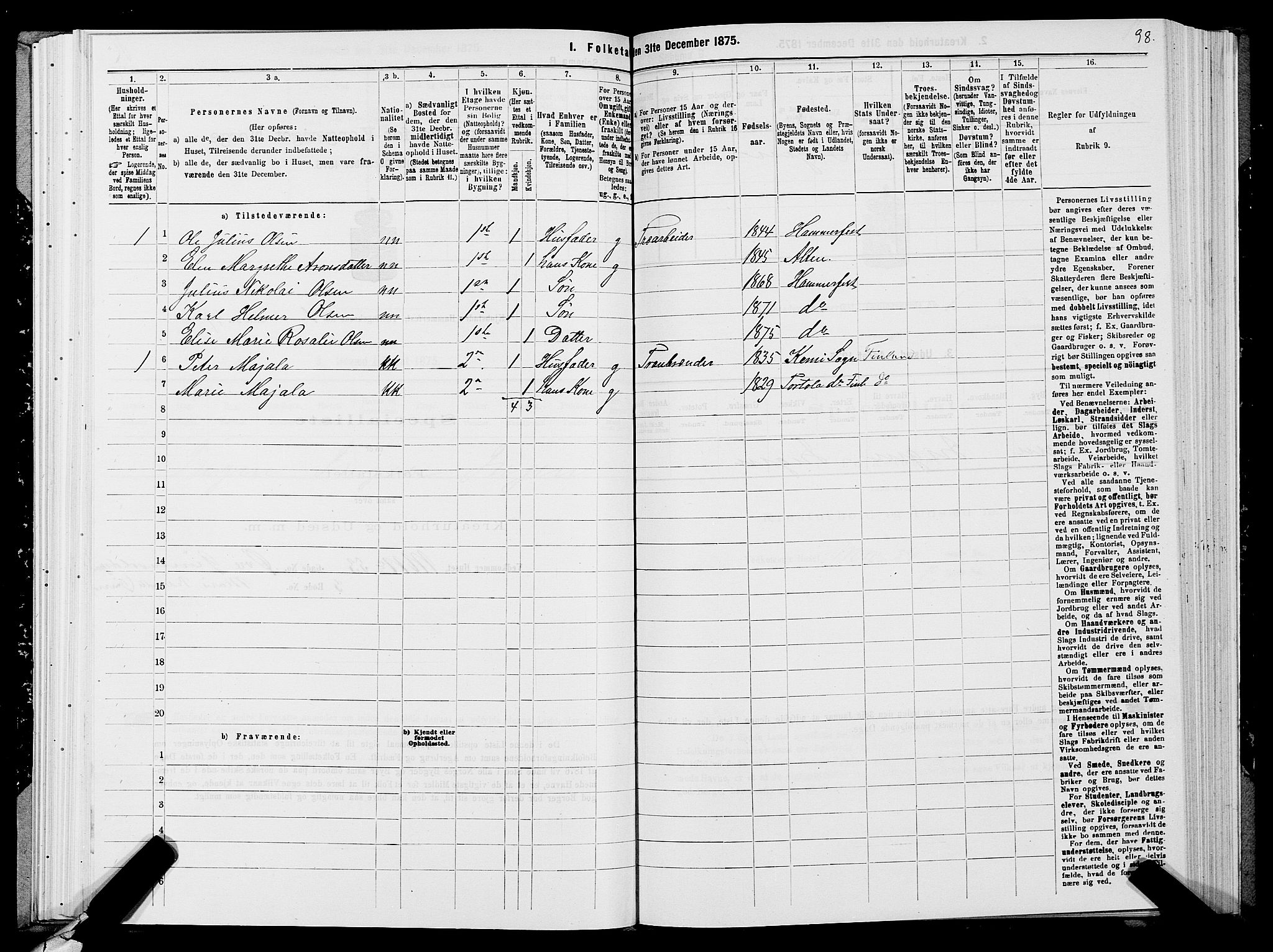 SATØ, Folketelling 1875 for 2001B Hammerfest prestegjeld, Hammerfest kjøpstad, 1875, s. 1098