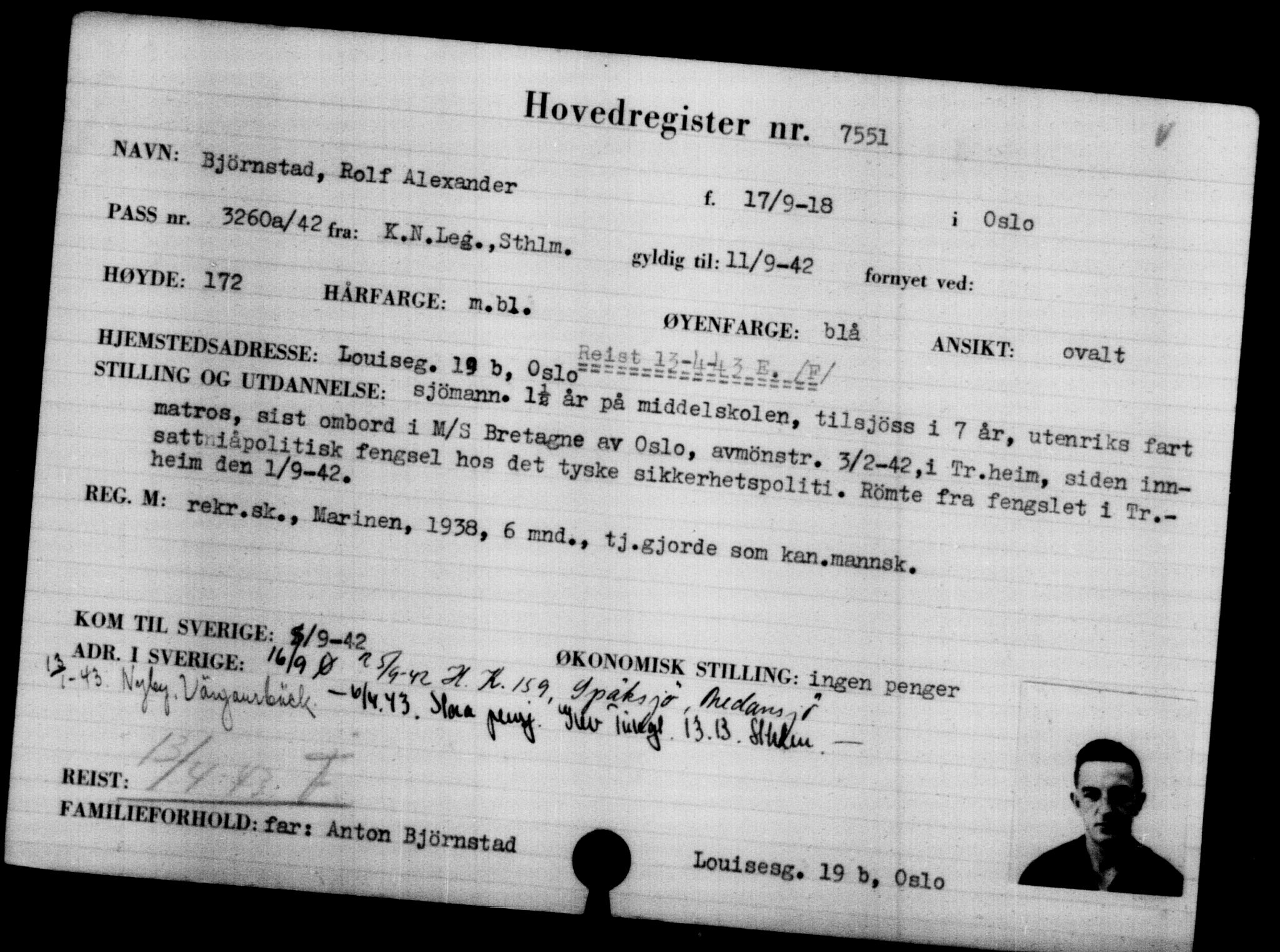 Utenriksstasjonene, Legasjonen i Stockholm, Flyktningkontoret, AV/RA-S-6753/V/Va/L0005: Kjesäterkartoteket, flyktninger med registreringsnr. 6600-9417, 1940-1945, s. 1107