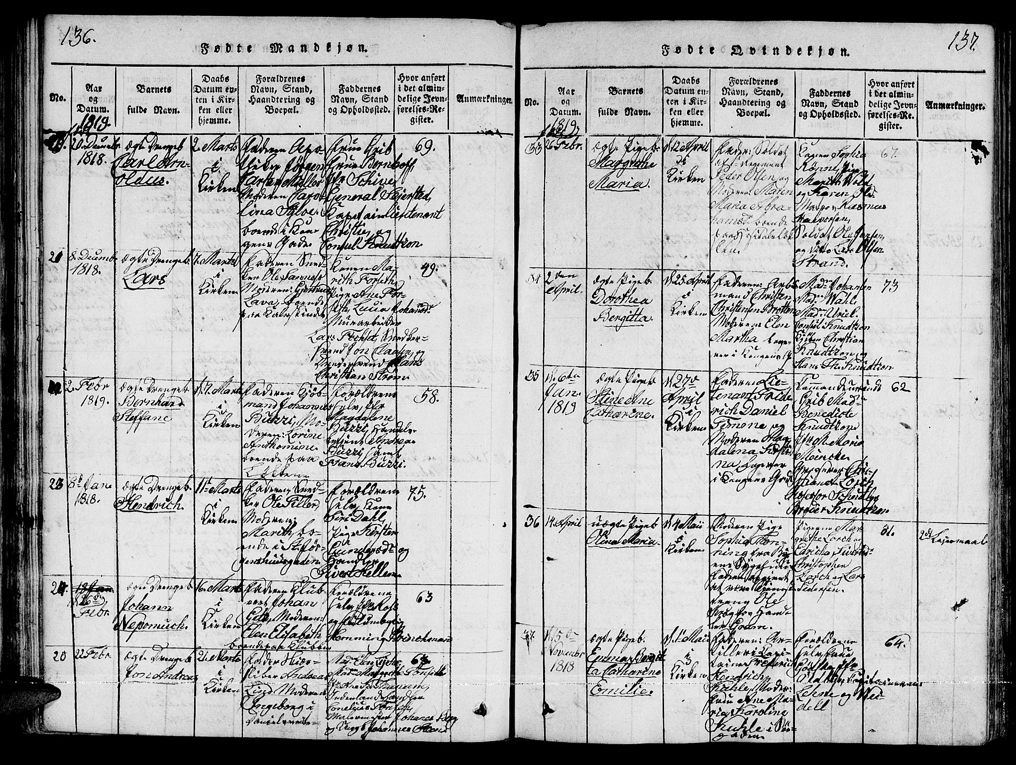 Ministerialprotokoller, klokkerbøker og fødselsregistre - Sør-Trøndelag, SAT/A-1456/601/L0043: Ministerialbok nr. 601A11, 1815-1821, s. 136-137