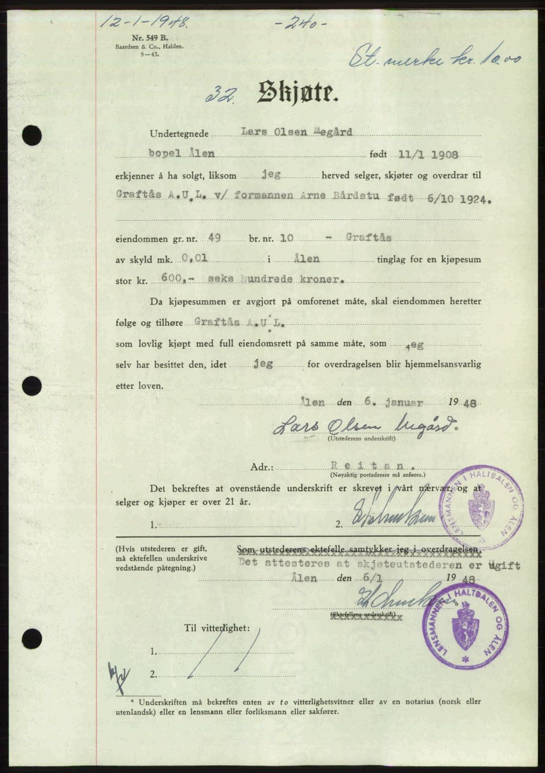 Gauldal sorenskriveri, SAT/A-0014/1/2/2C: Pantebok nr. A5, 1947-1948, Dagboknr: 32/1948