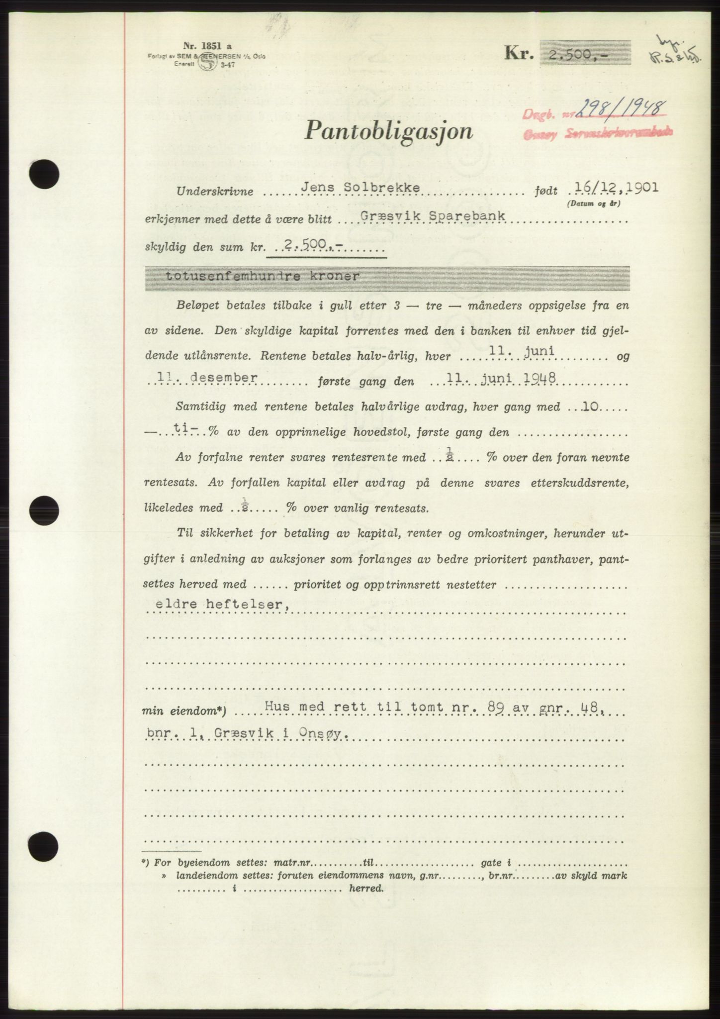 Onsøy sorenskriveri, SAO/A-10474/G/Ga/Gac/L0006: Pantebok nr. B 12-6, 1947-1948, Dagboknr: 298/1948